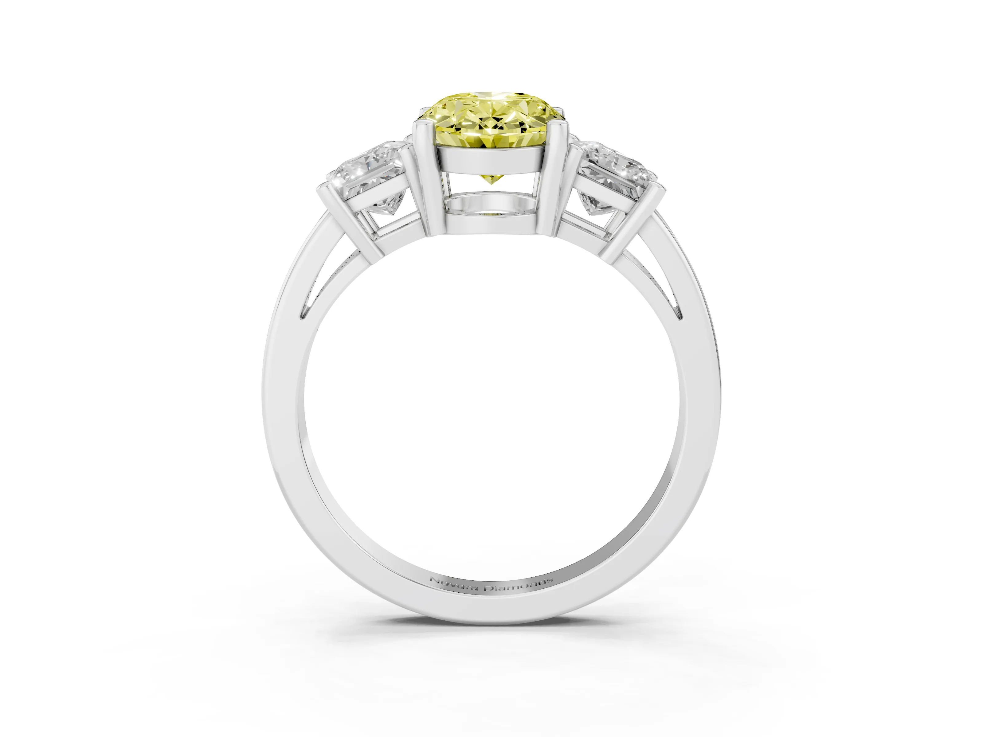 Fancy Yellow Three-Stone Oval Cut Diamond Solitaire Ring Set in Platinum with Prong Setting