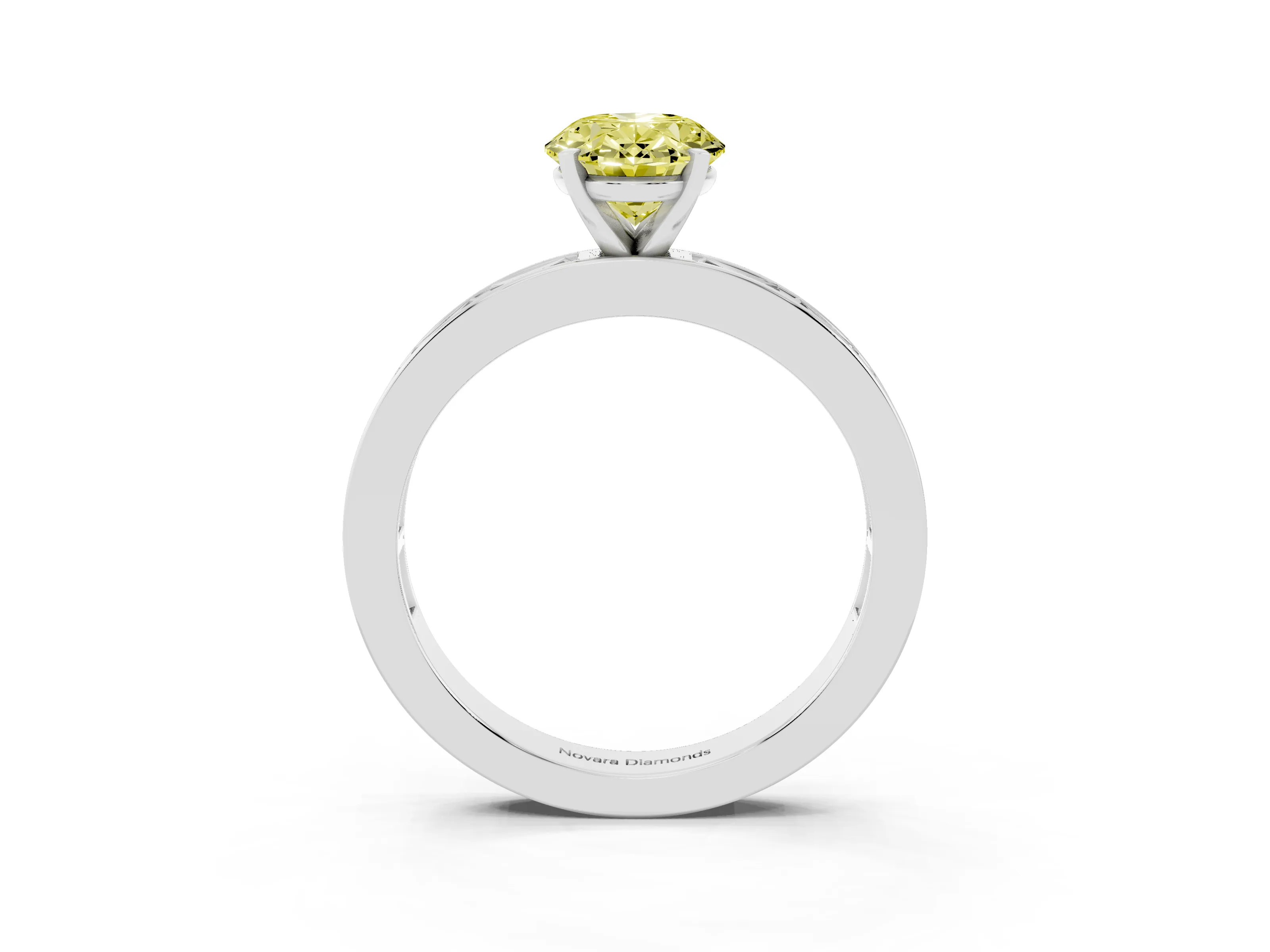 Fancy Yellow Oval Cut Diamond Solitaire Ring Set in Silver with Channel-Set Baguette Band and Prong Setting