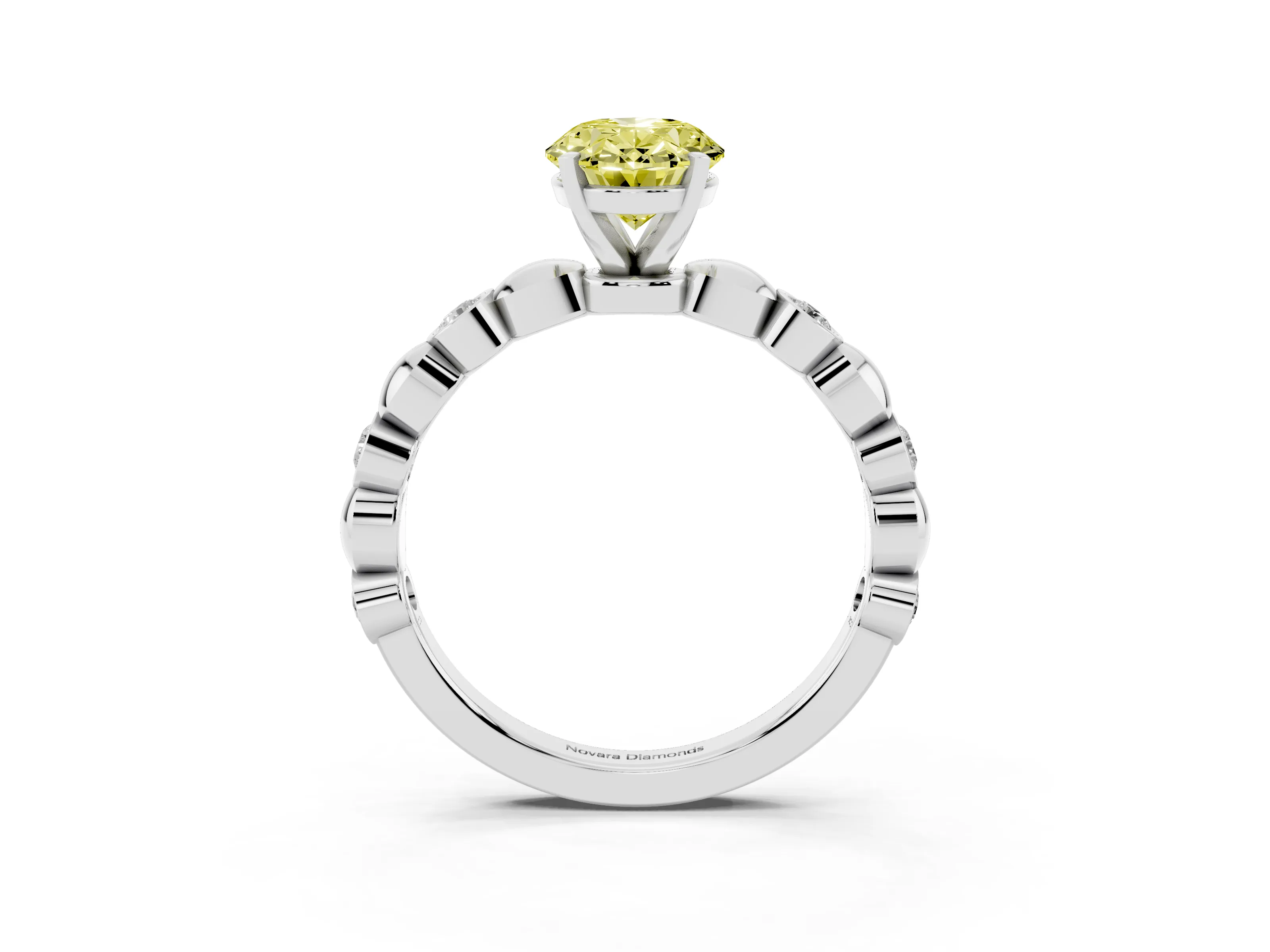 Fancy Yellow Oval Cut Diamond Solitaire Ring Set in Silver with Bezel-Set Accents on Beaded Band and Prong Setting