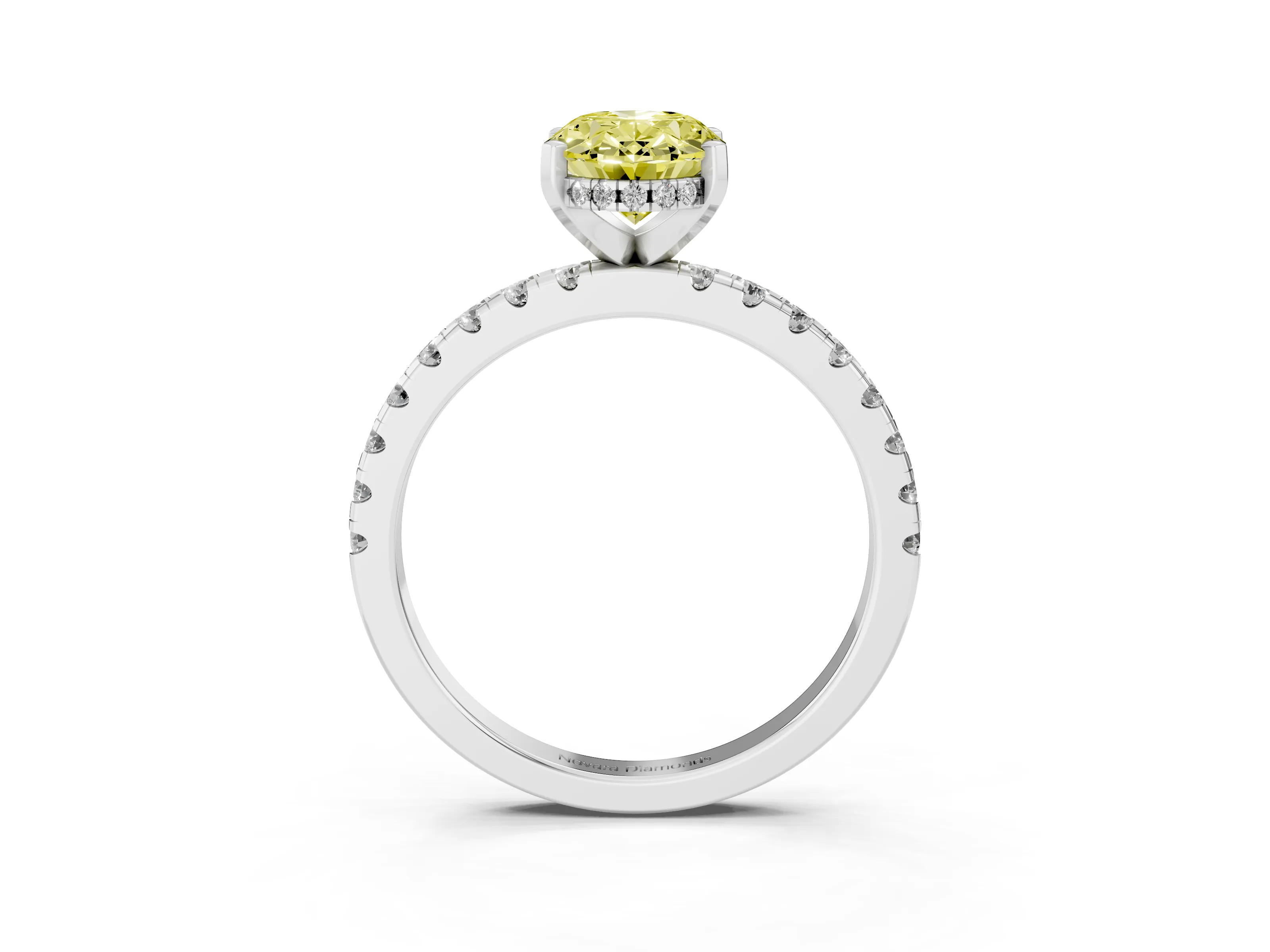 Fancy Yellow Oval Cut Diamond Pavé Solitaire Ring Set in Silver with Round Band Accents and Prong Setting