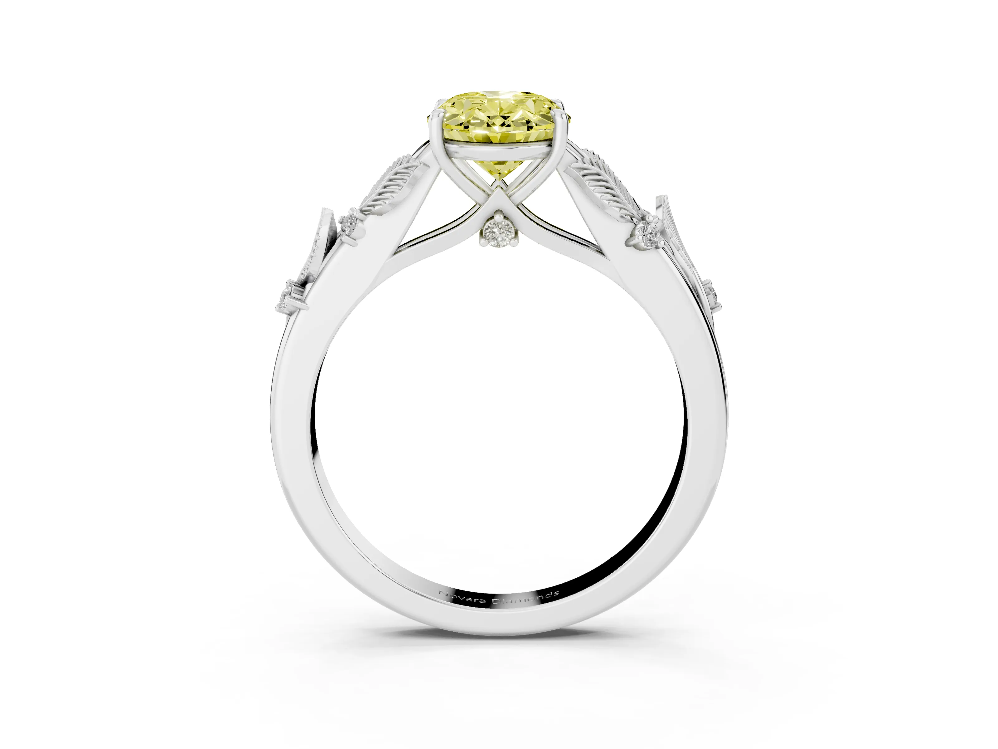 Fancy Yellow Oval Cut Diamond Solitaire Ring Set in Silver with Leaf Motif Band