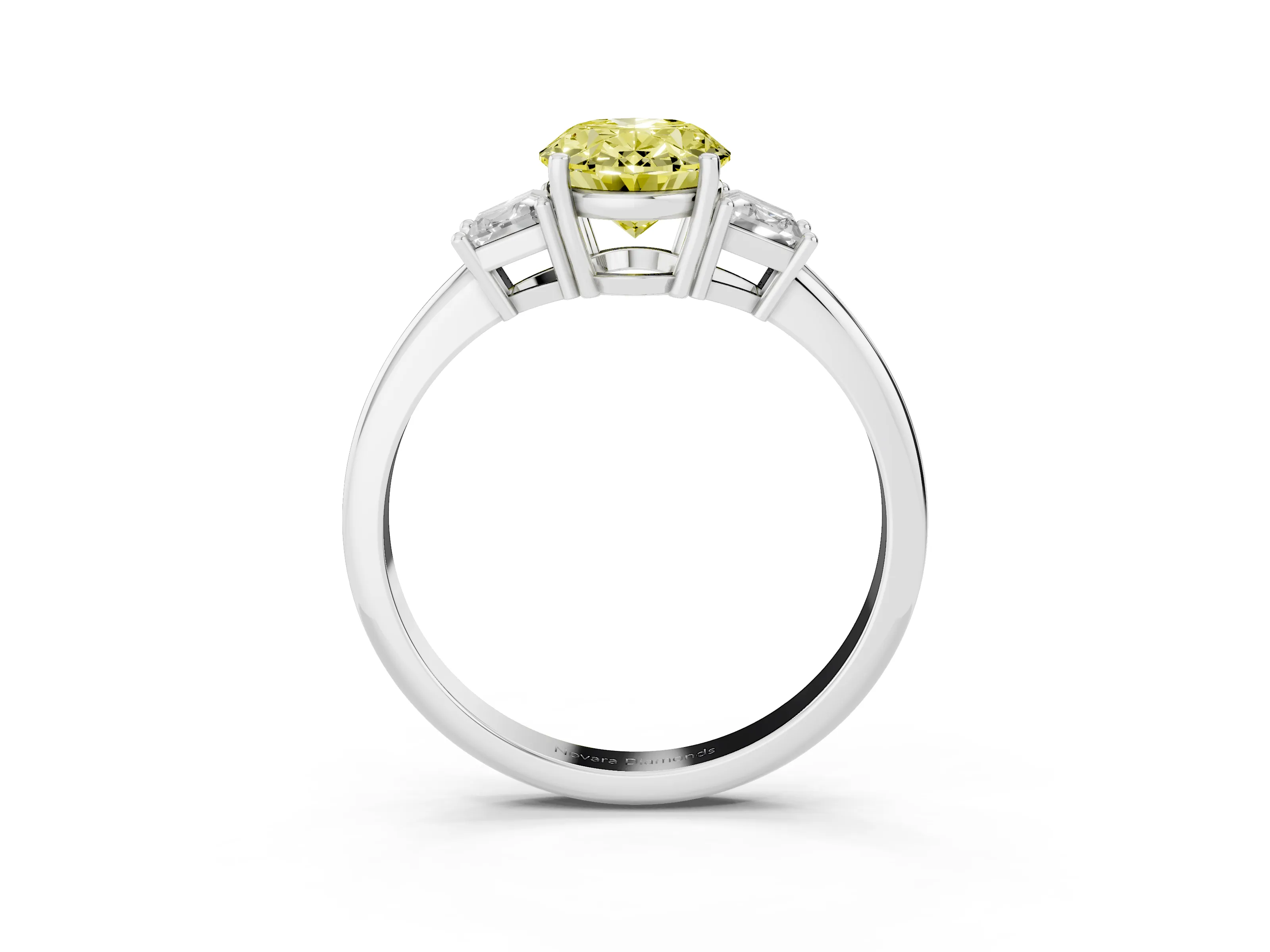 Fancy Yellow Oval Cut Diamond Three-Stone Ring Set in White gold with Trapezoid Side Stones and Prong Setting