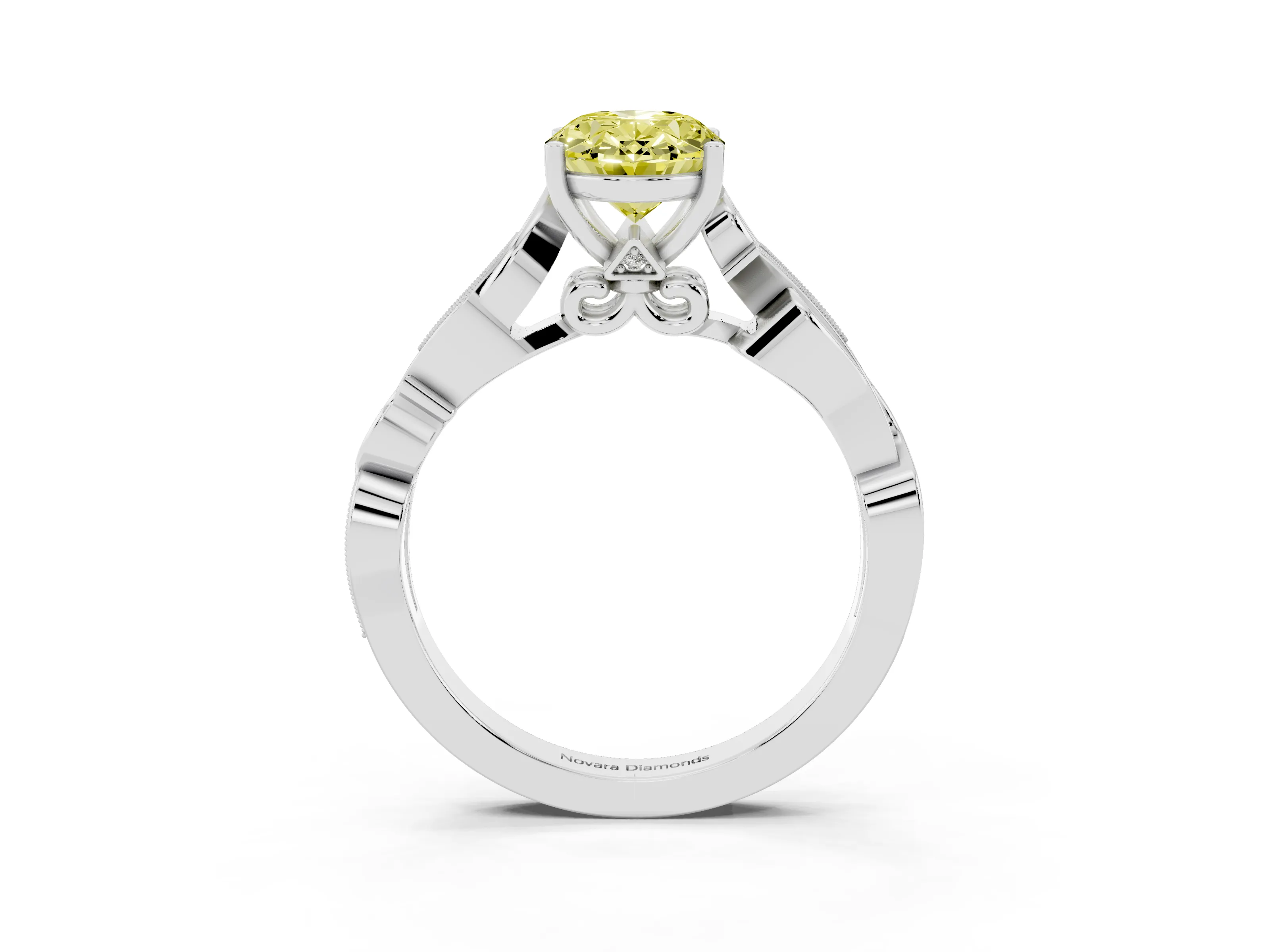 Fancy Yellow Oval Cut Diamond Vine Band Solitaire Ring Set in White gold with Milgrain Prong Setting