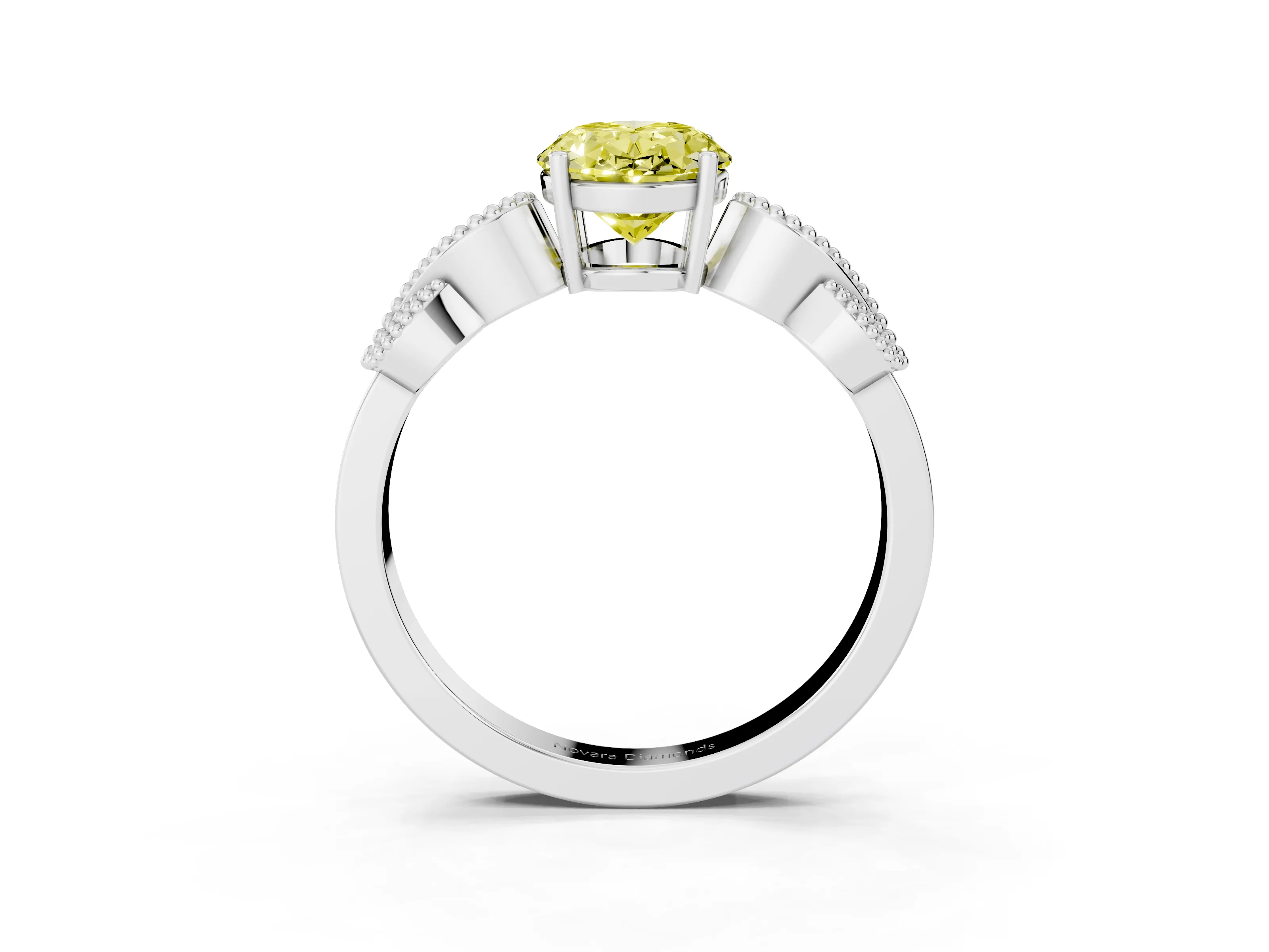 Fancy Yellow Oval Cut Diamond Milgrain Leaf Band Solitaire Ring Set in White gold with Accent Stones and Prong Setting