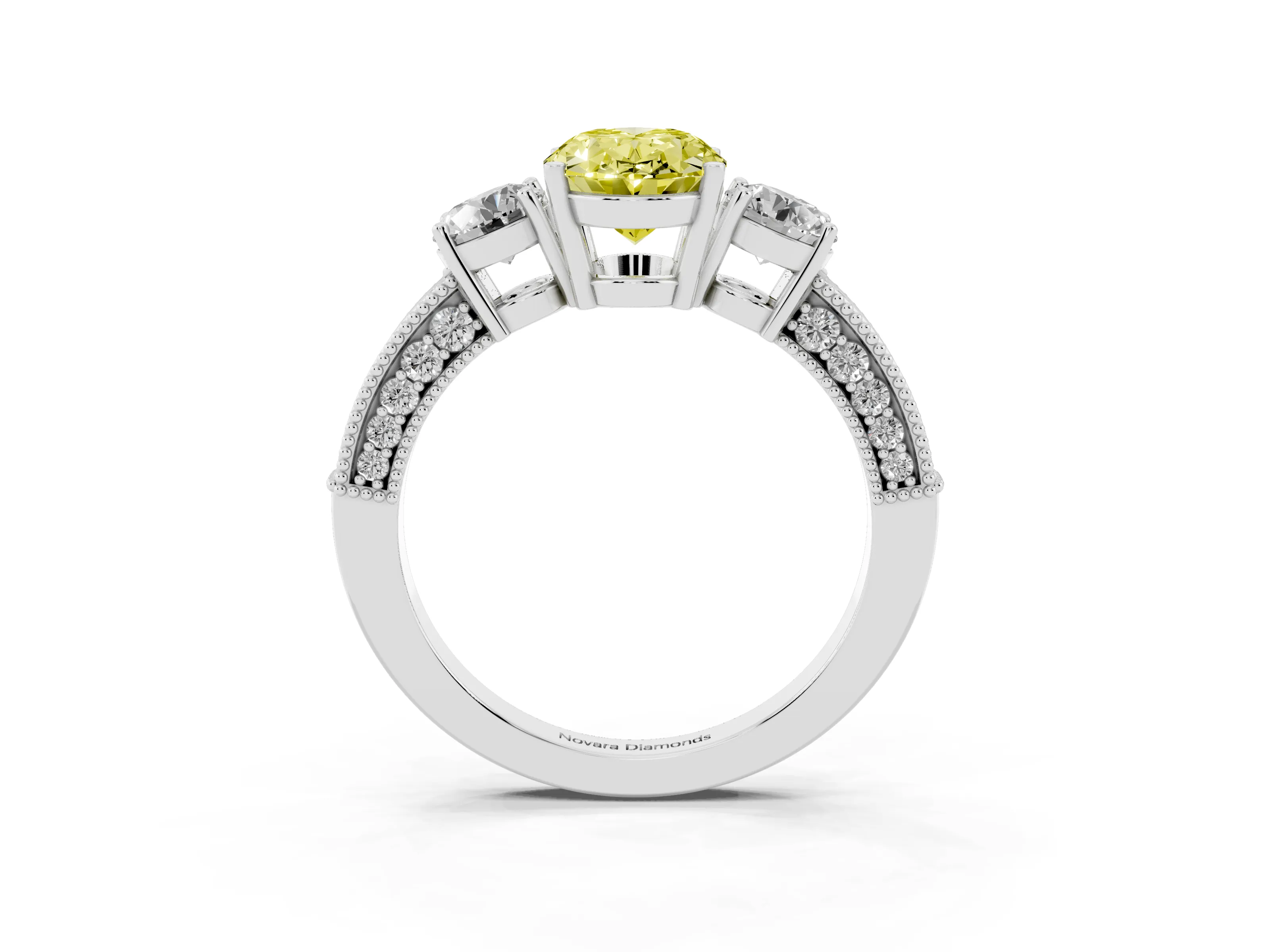 Fancy Yellow Oval Cut Diamond Three-Stone Ring Set in Silver with Round Side Stones and Pavé Band