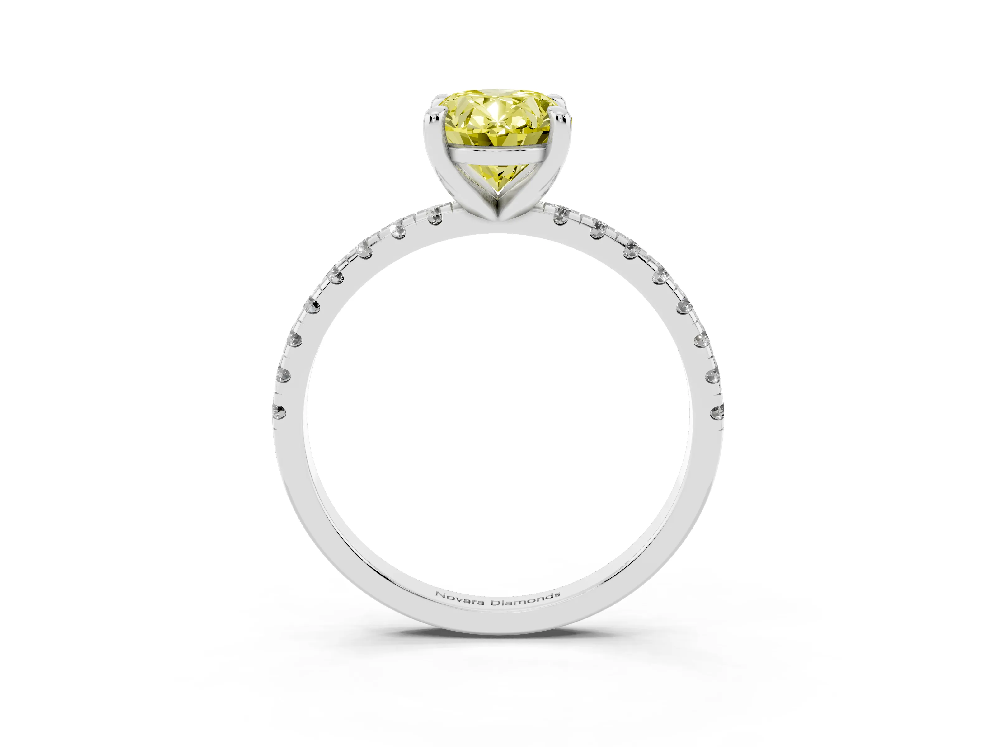 Fancy Yellow Oval Cut Diamond Brilliant Solitaire Ring Set in White gold with Pavé Band and Prong Setting