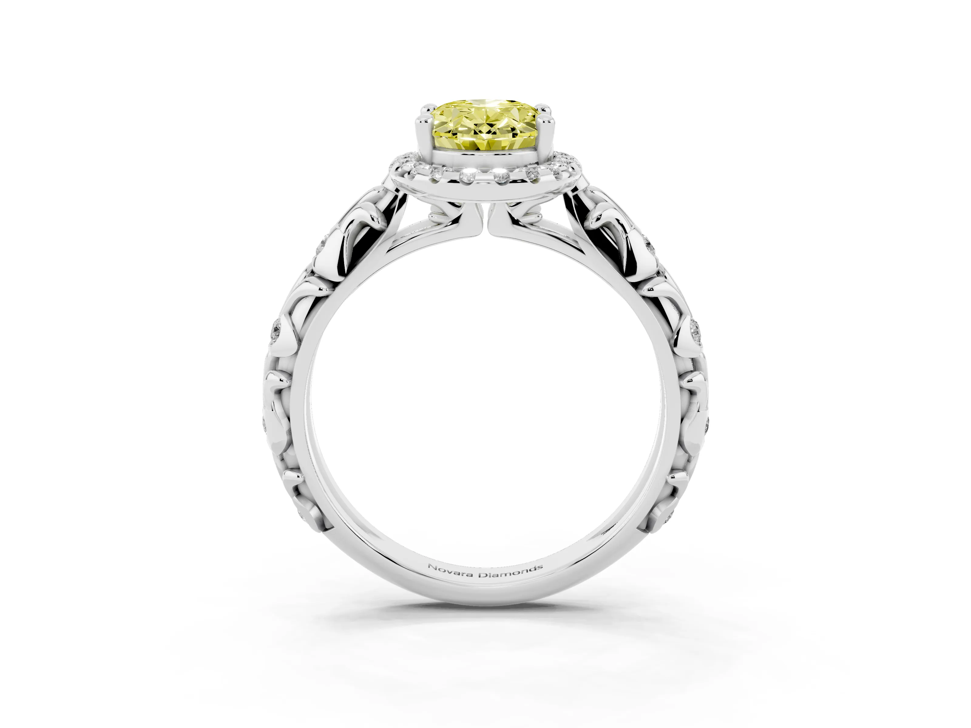 Fancy Yellow Oval Cut Diamond Halo Ring Set in Silver with Filigree Leaf Band and Prong Setting