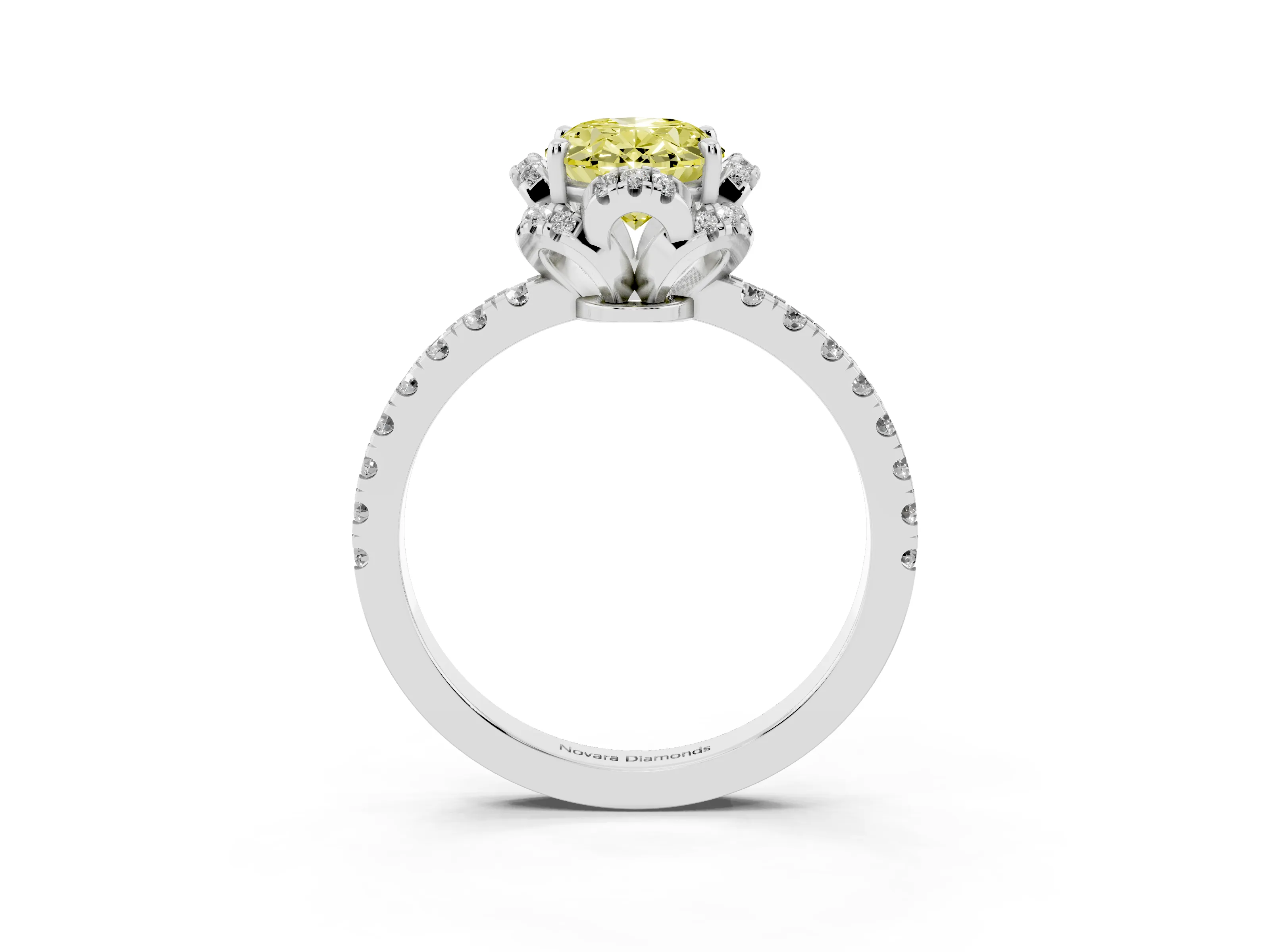 Fancy Yellow Oval Cut Diamond Halo Pavé Band Ring Set in White gold with Prong-Held Center