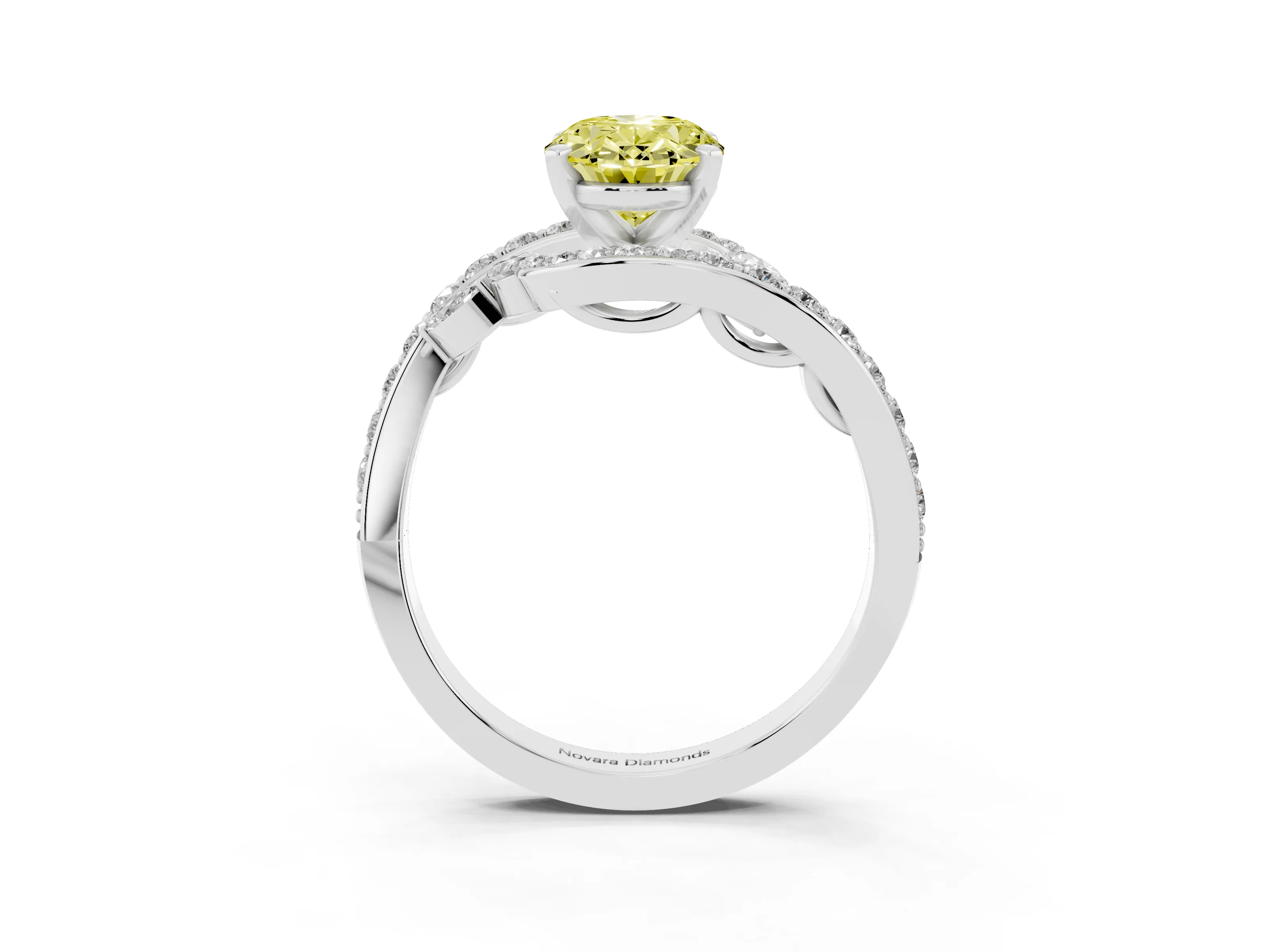 Fancy Yellow Oval Cut Diamond Solitaire Ring Set in Platinum with Pavé Twist Band and Secure Prong Setting