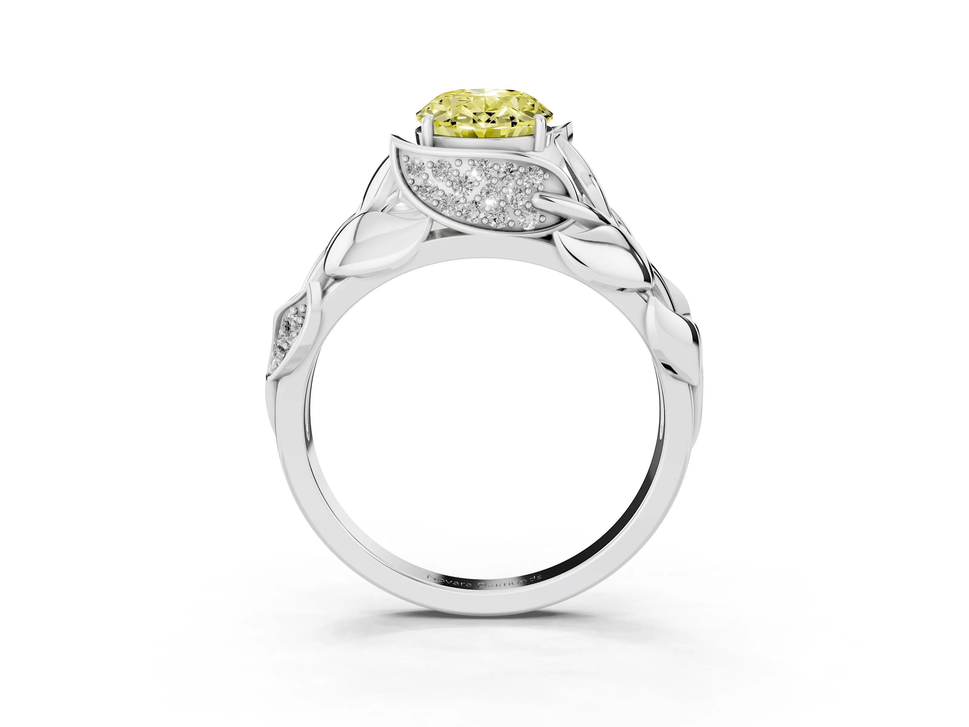 Fancy Yellow Oval Cut Diamond Leaf-Inspired Engagement Ring Set in White gold with Round Accents
