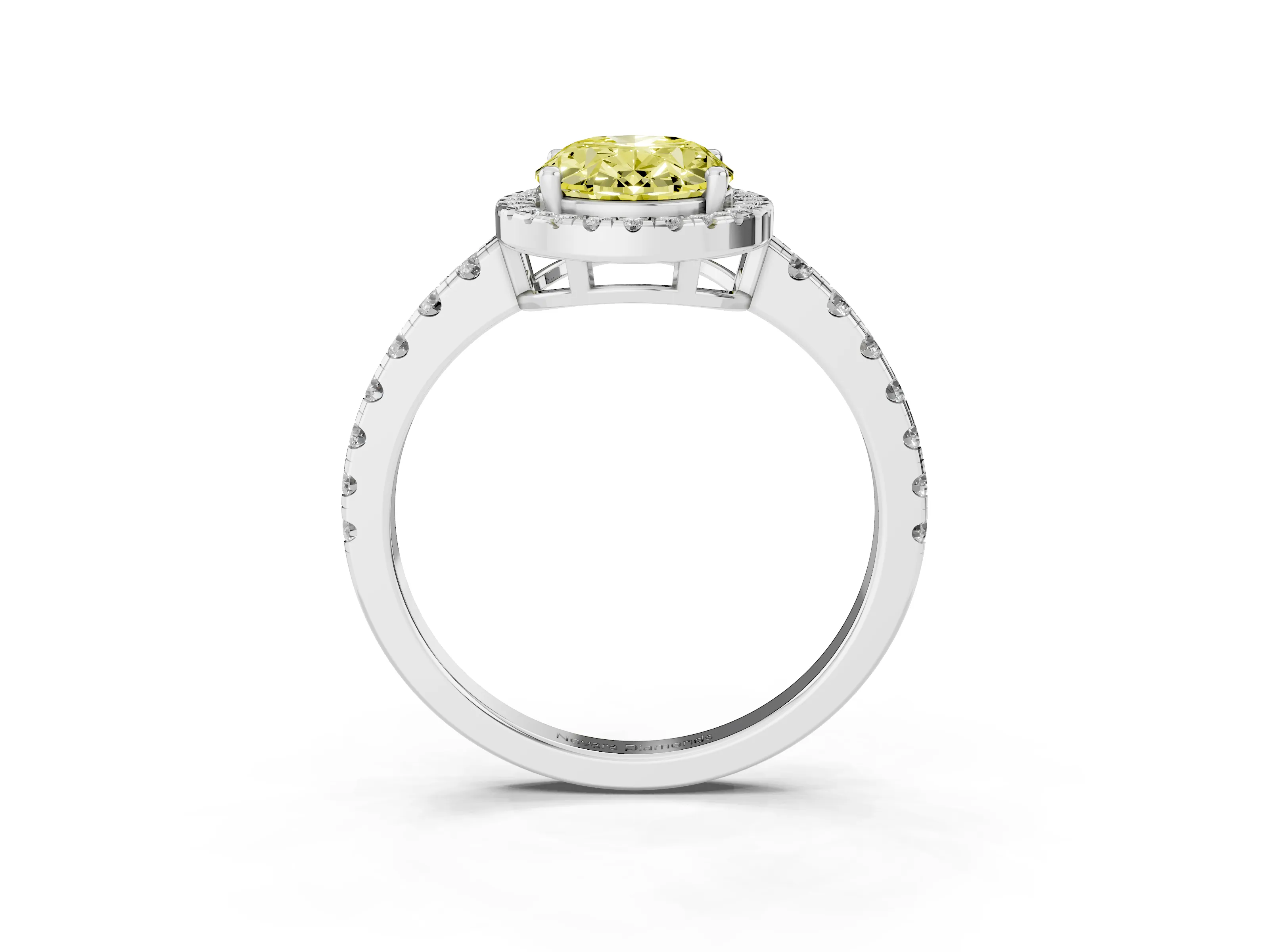 Fancy Yellow Oval Cut Diamond Halo Ring Set in Platinum with Delicate Pavé Band and Prong Setting