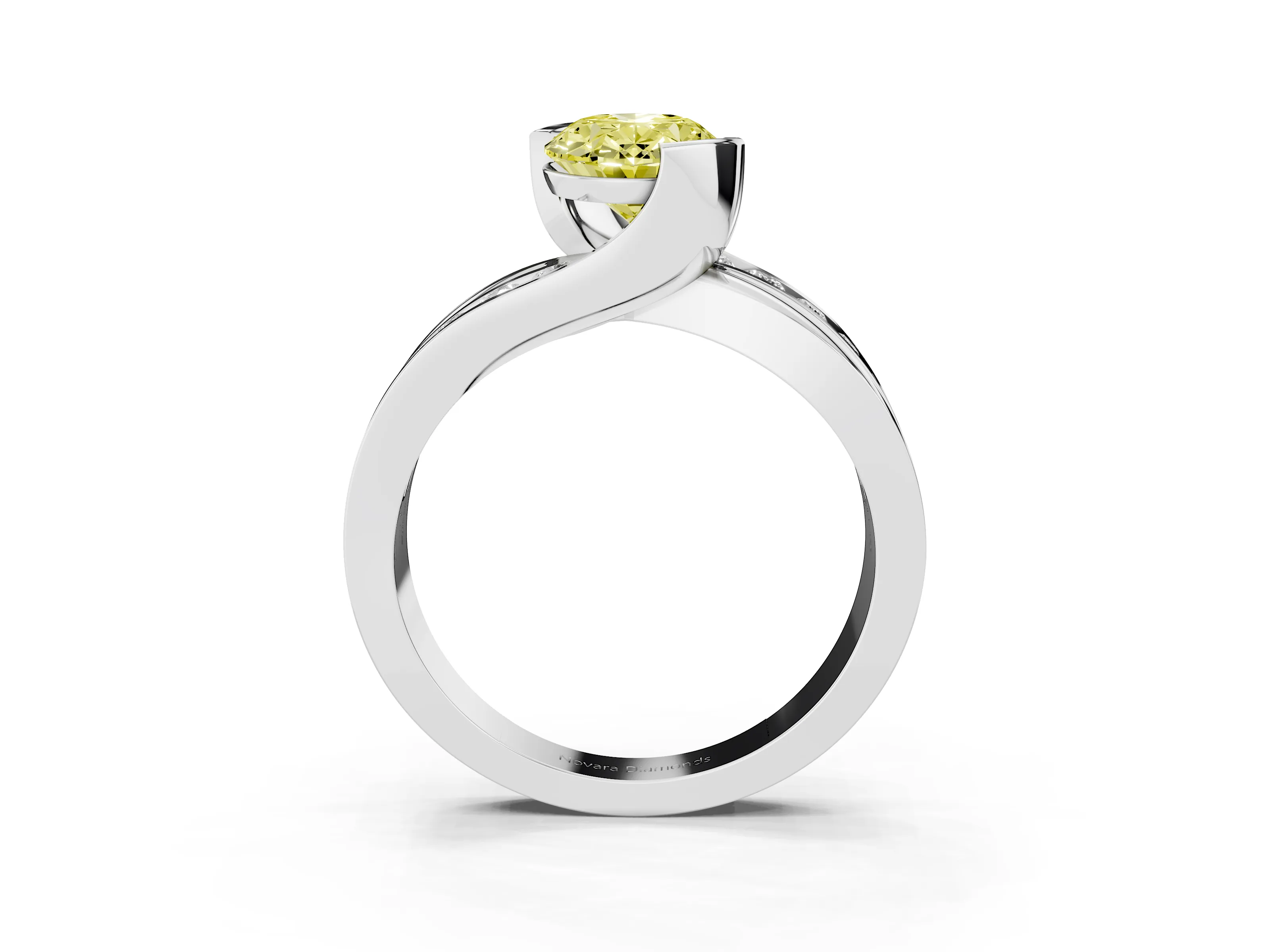 Fancy Yellow Oval Cut Diamond Solitaire Ring Set in Platinum with Channel Set Split Shank and Tension Prongs