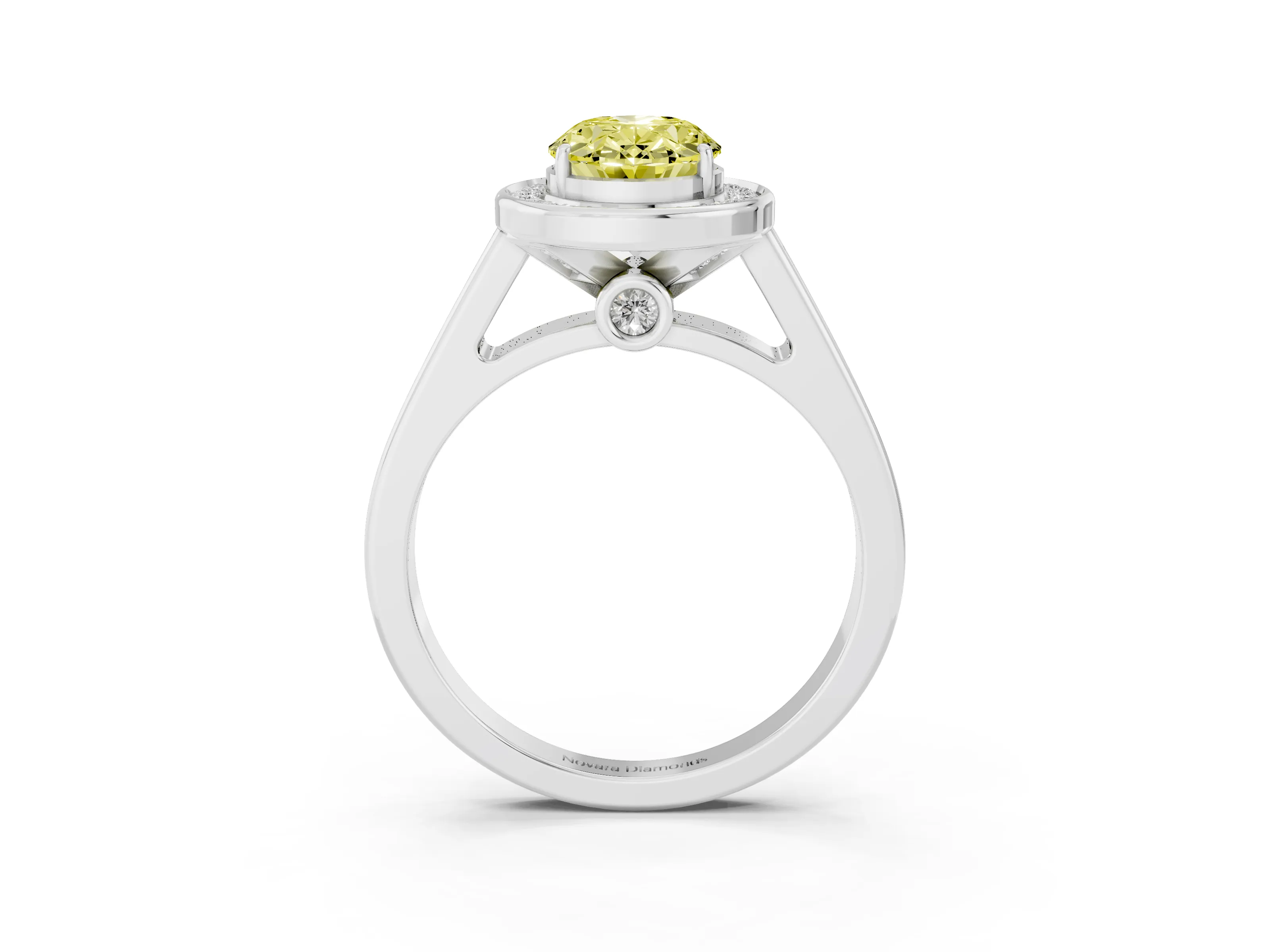 Fancy Yellow Oval Cut Diamond Halo Solitaire Ring Set in Platinum with Pavé Band and Bezel Setting