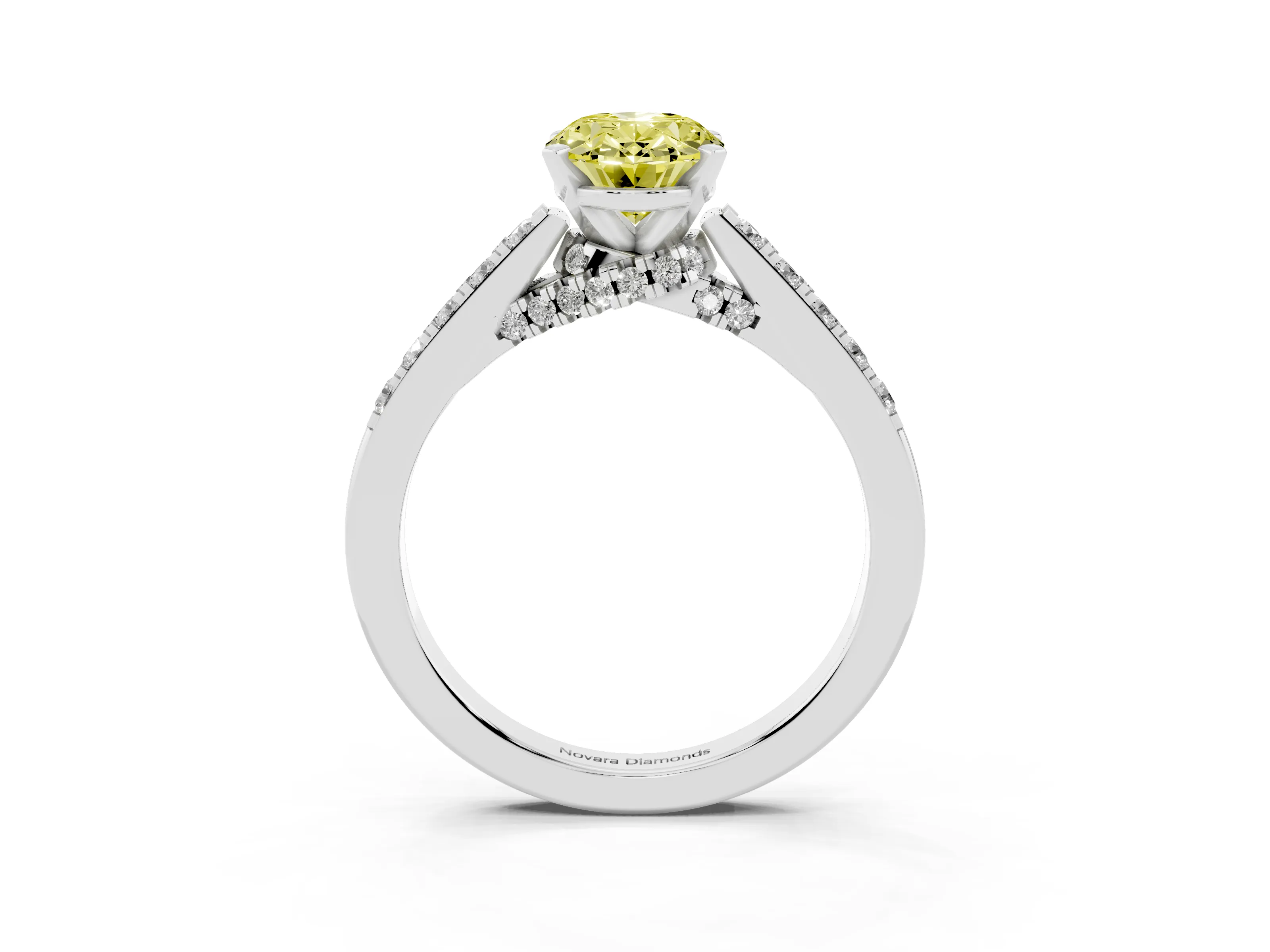 Fancy Yellow Oval Cut Diamond Solitaire Ring Set in White gold with Crossover Gallery and Round Pavé Band