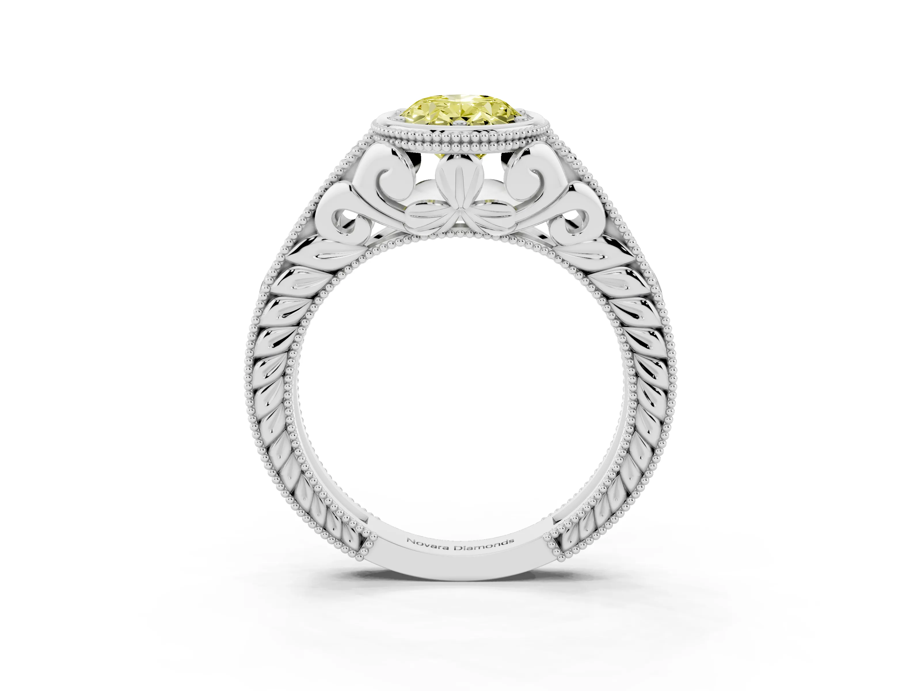 Fancy Yellow Bezel Set Oval Cut Diamond Milgrain Pavé Engagement Ring Set in Silver