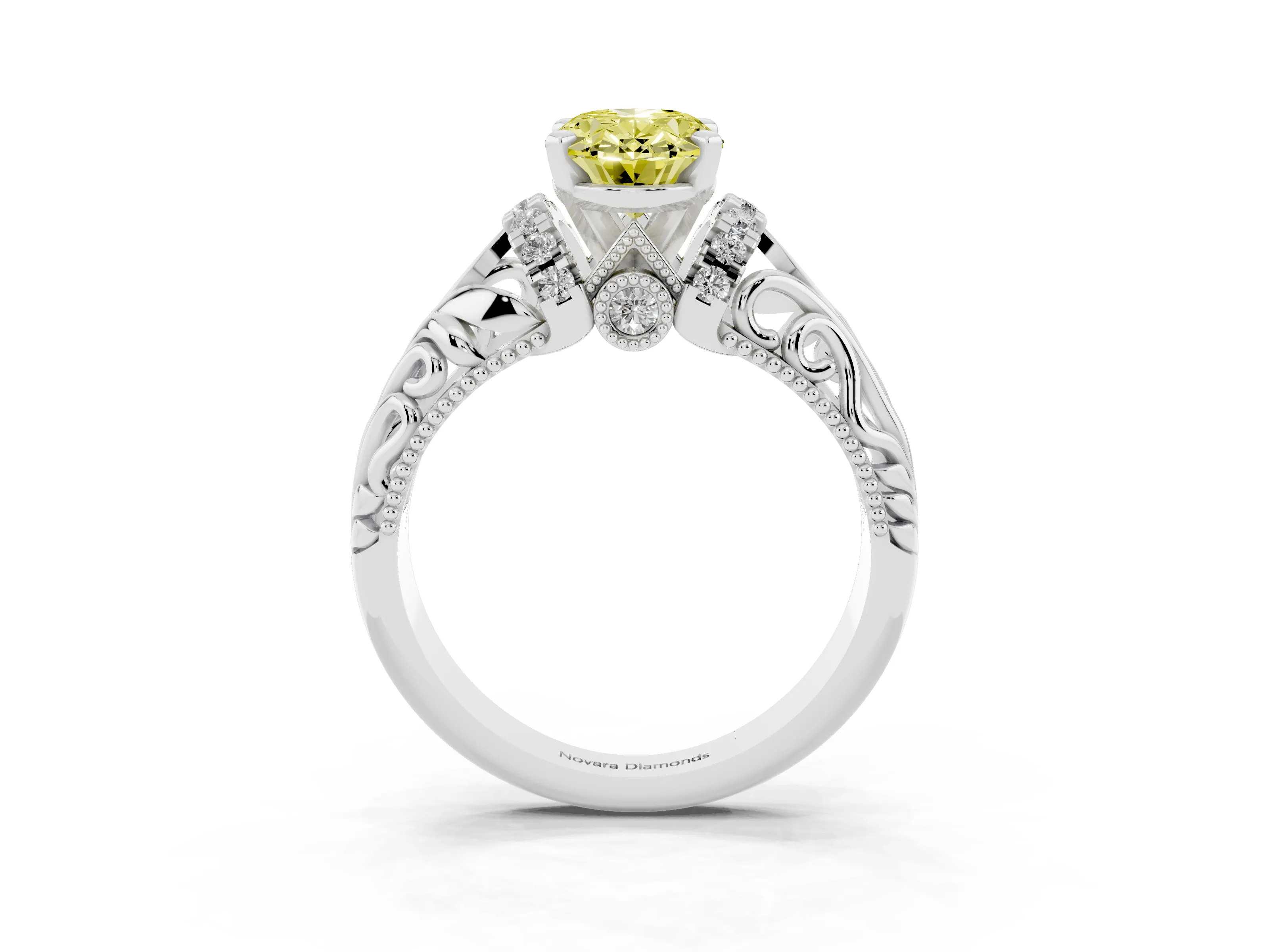 Fancy Yellow Oval Cut Diamond Filigree Halo Engagement Ring Set in Platinum with Prong Setting