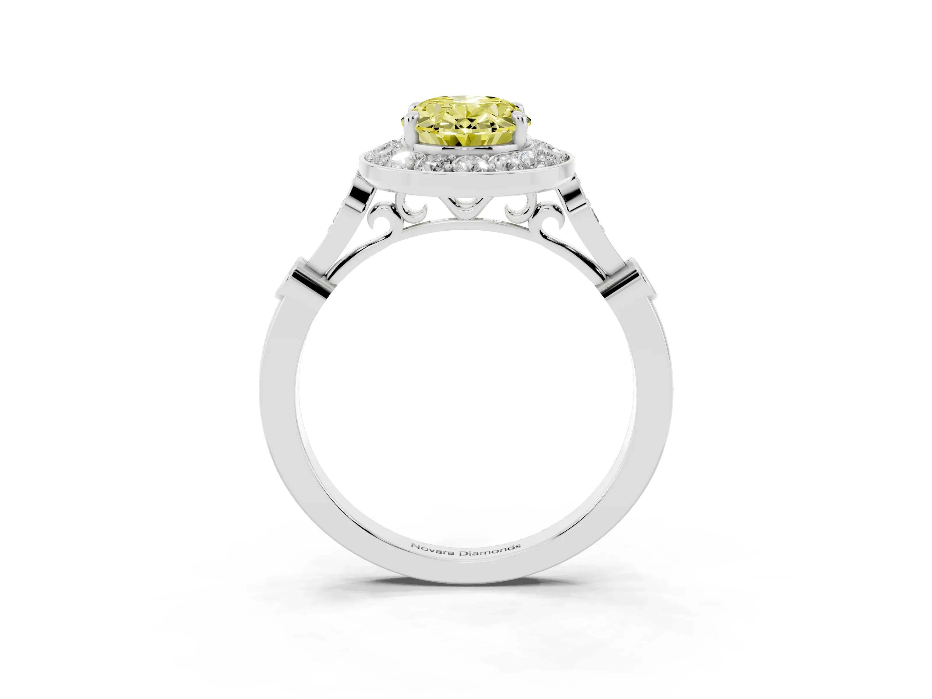 Fancy Yellow Oval Cut Diamond Halo Engagement Ring Set in Silver with Twisted Band and Prong Setting