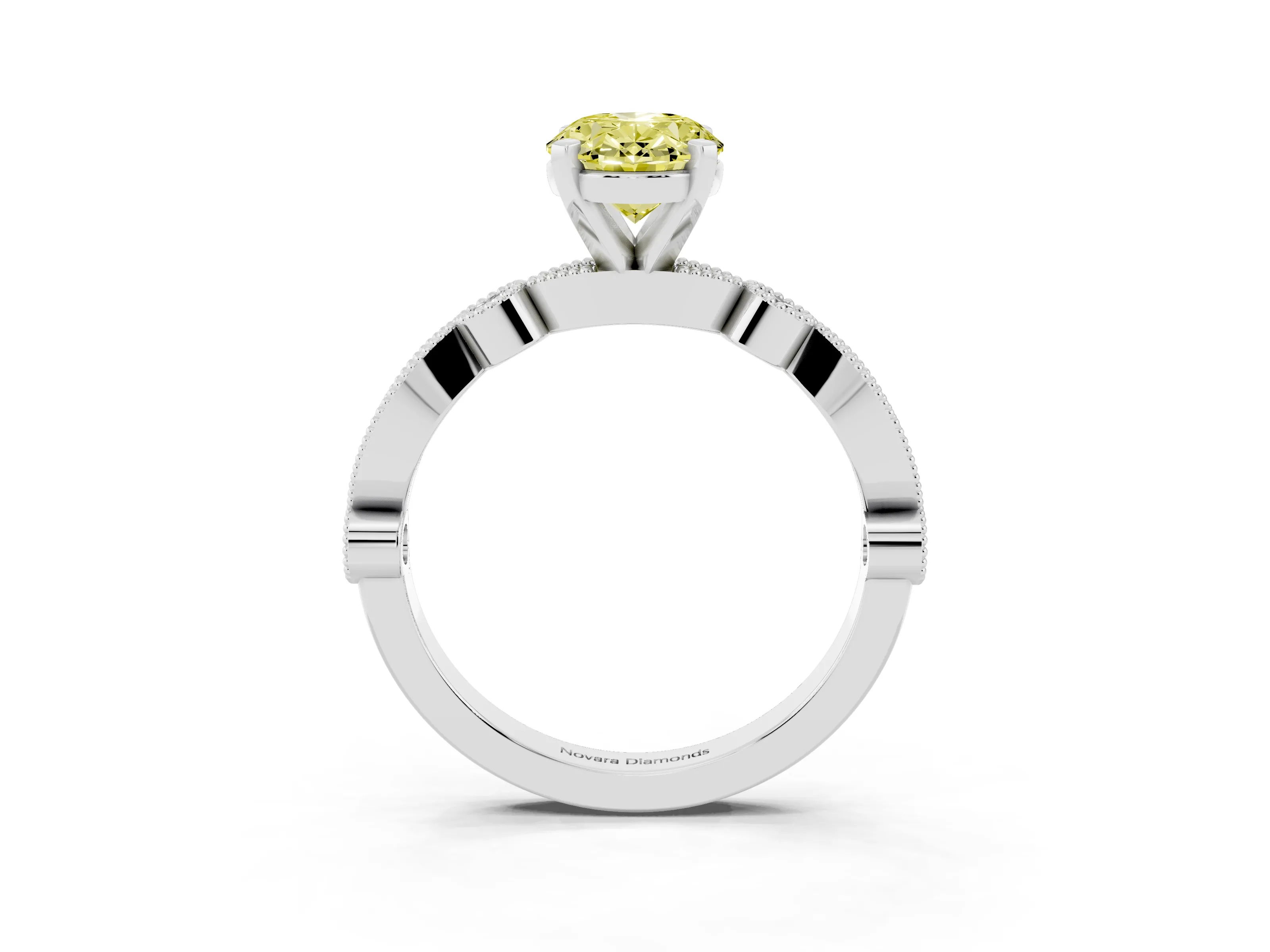Fancy Yellow Oval Cut Diamond Solitaire Engagement Ring Set in Platinum with Milgrain Bezel Accent Band