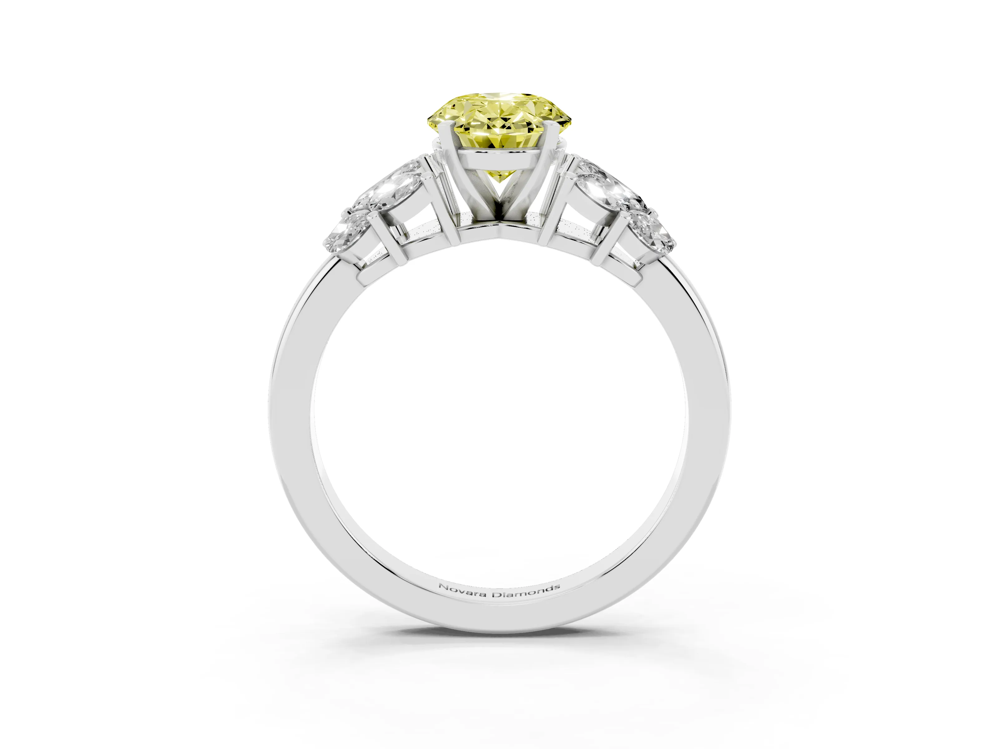 Fancy Yellow Oval Cut Diamond Cluster Leaf Design Ring Set in White gold with Prong Setting