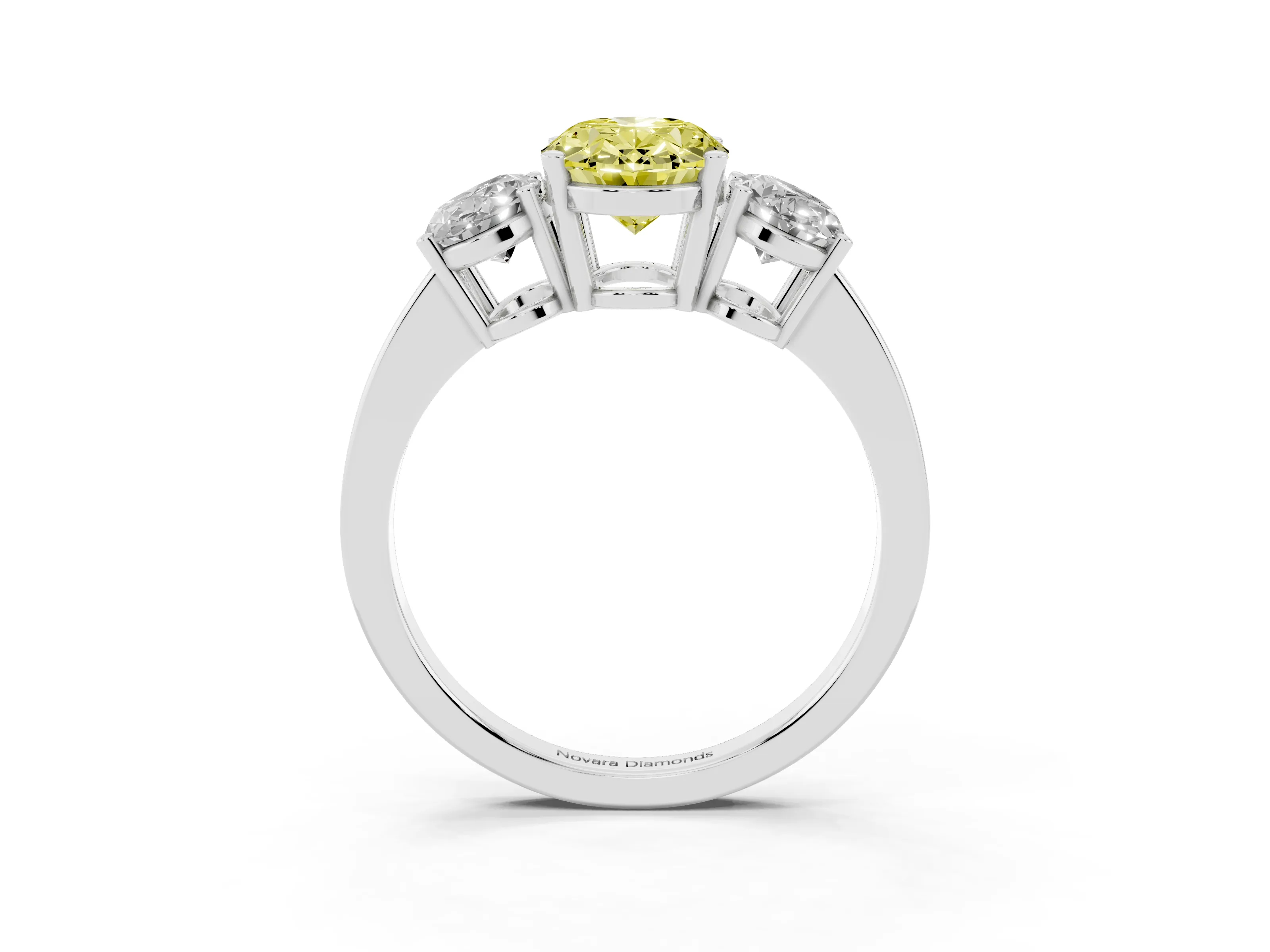 Fancy Yellow Oval Cut Diamond Three-Stone Engagement Ring Set in White gold with Flat Band