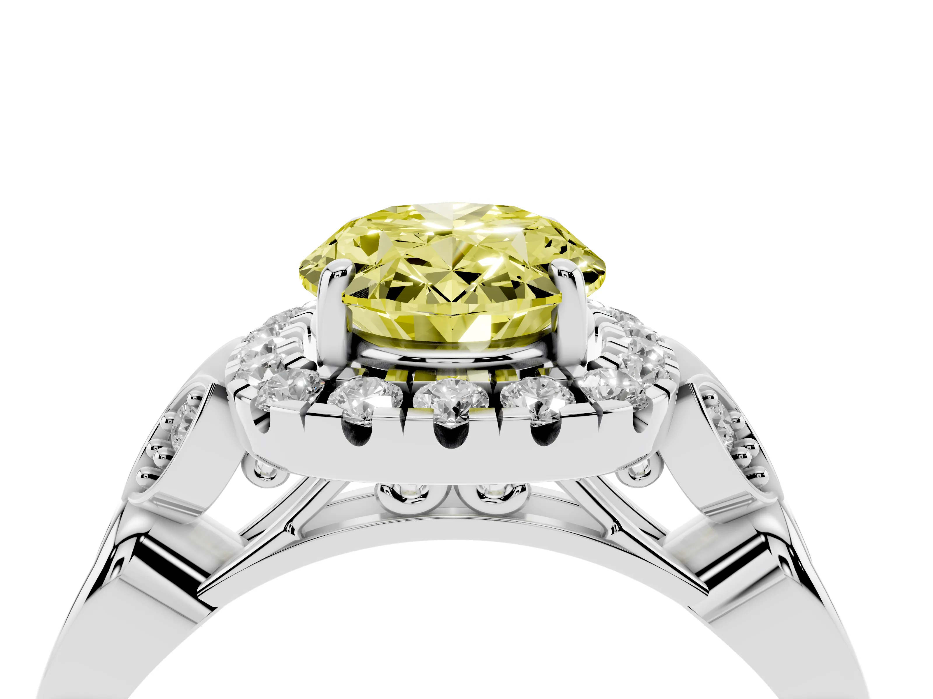 Fancy Yellow Oval Cut Diamond Halo Engagement Ring Set in White gold with Vintage-Inspired Band and Prong Setting