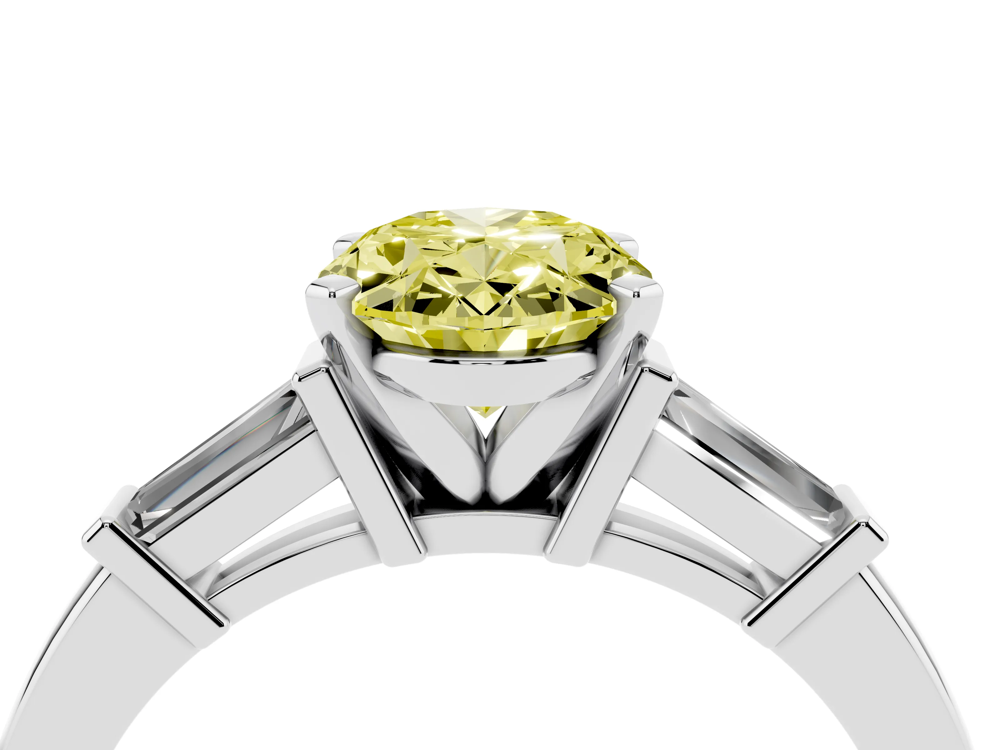Fancy Yellow Oval Cut Diamond Solitaire Ring Set in White gold with Tapered Baguette Accents and Prong Setting