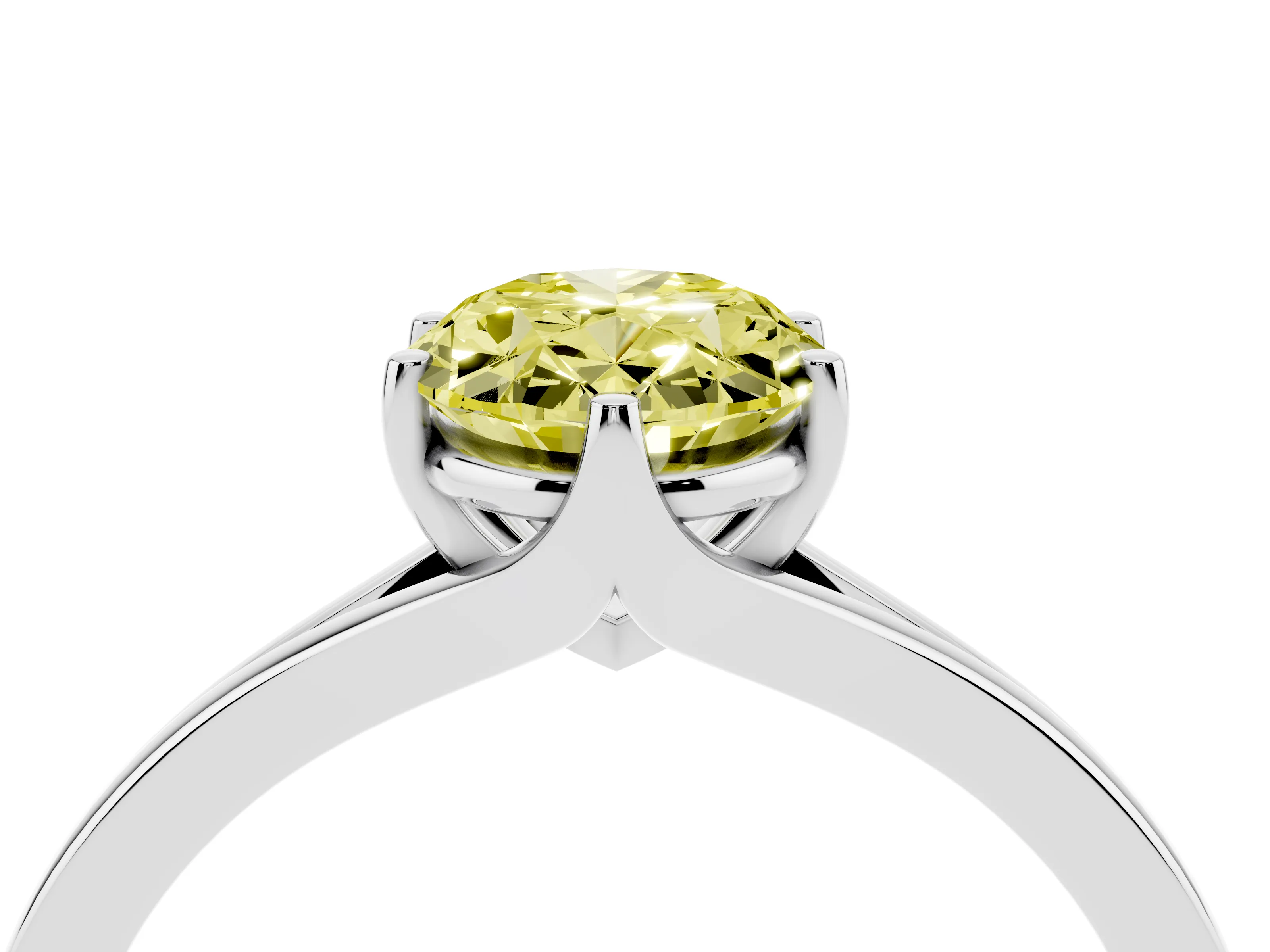 Fancy Yellow Oval Cut Diamond Solitaire Ring Set in Silver with Polished Tapered Band and Prong Setting