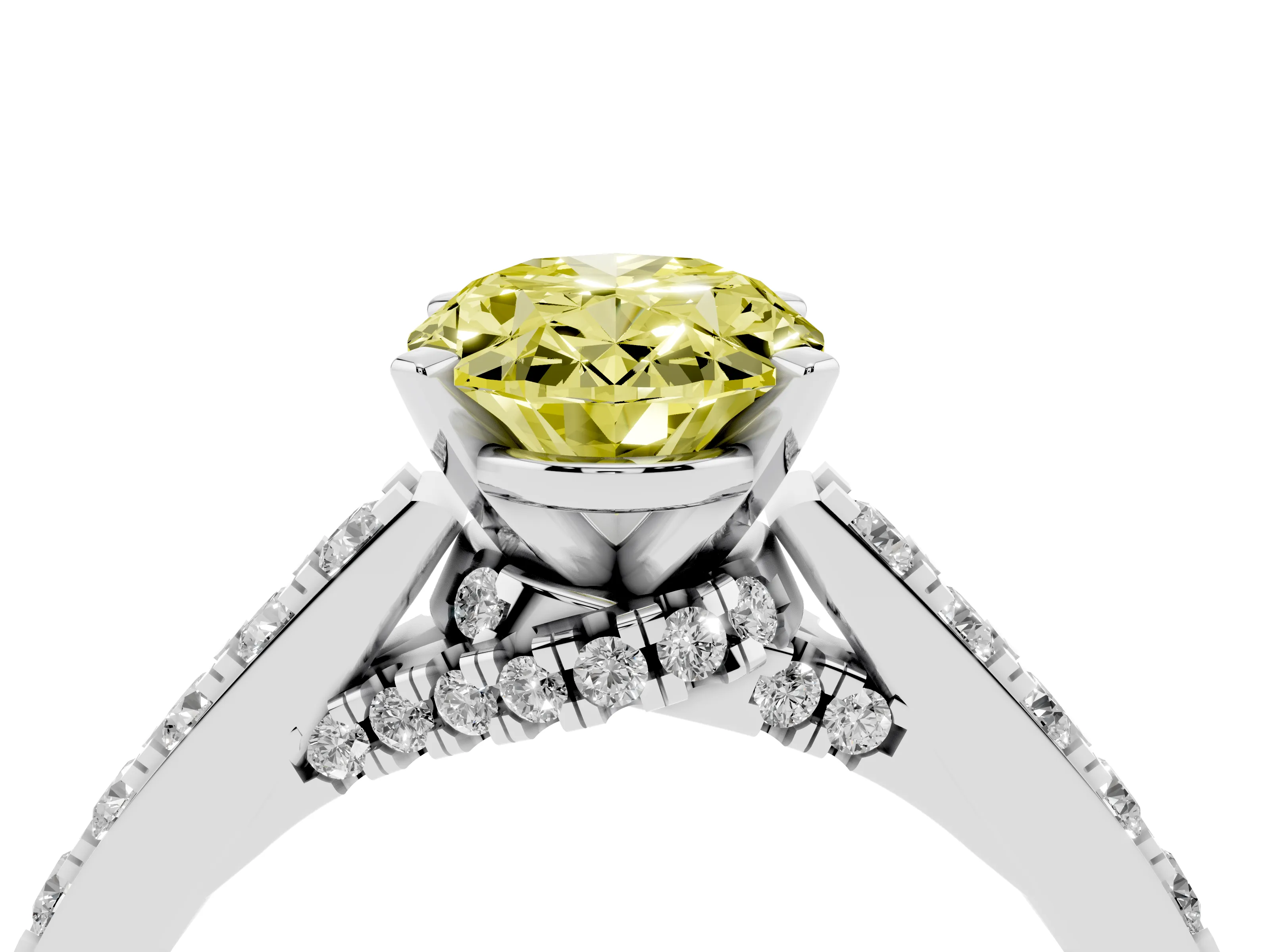 Fancy Yellow Oval Cut Diamond Solitaire Ring Set in White gold with Crossover Gallery and Round Pavé Band