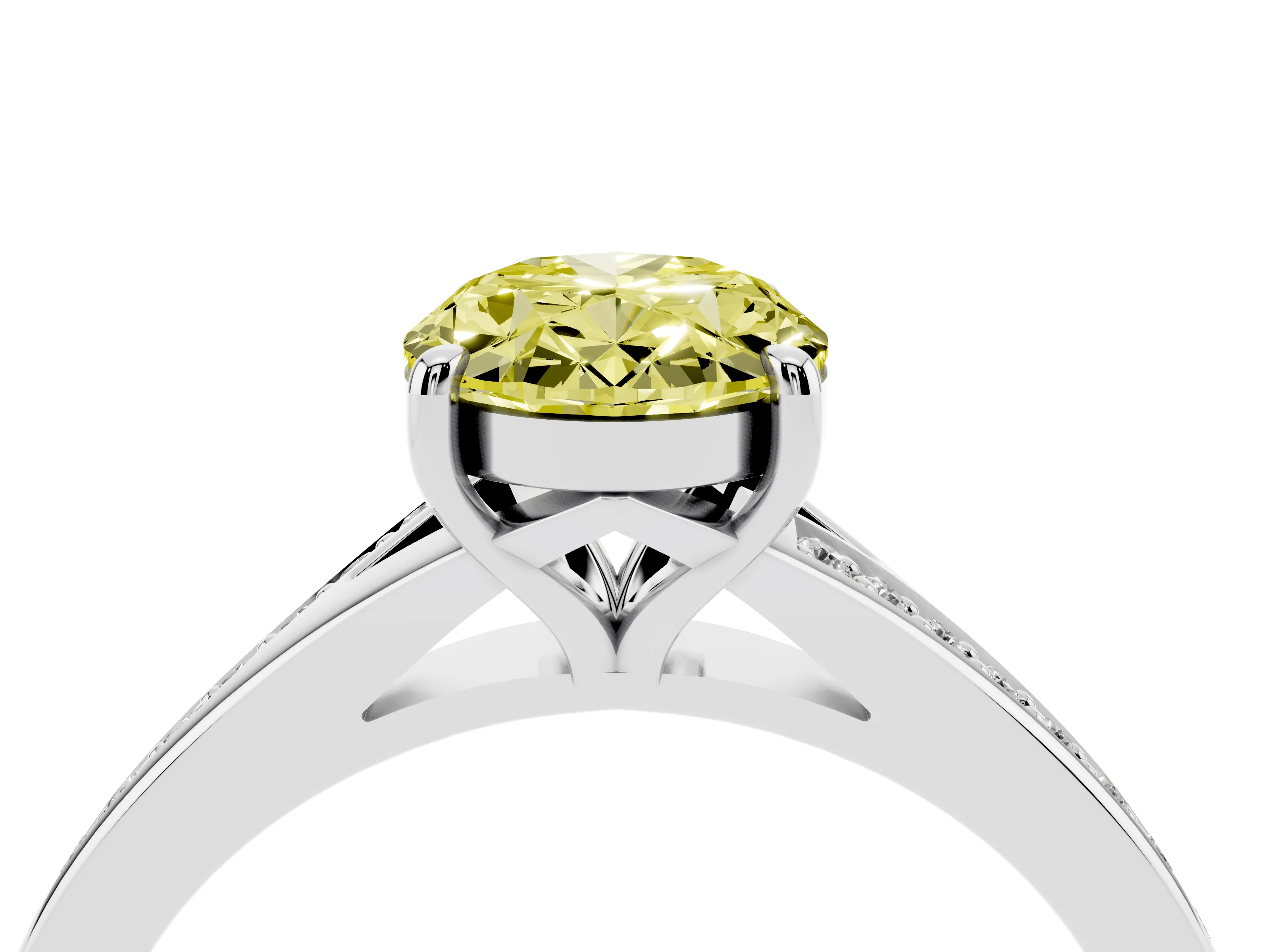 Fancy Yellow Oval Cut Diamond Solitaire Ring Set in White gold with Pavé Accent Band and Classic Prong Setting