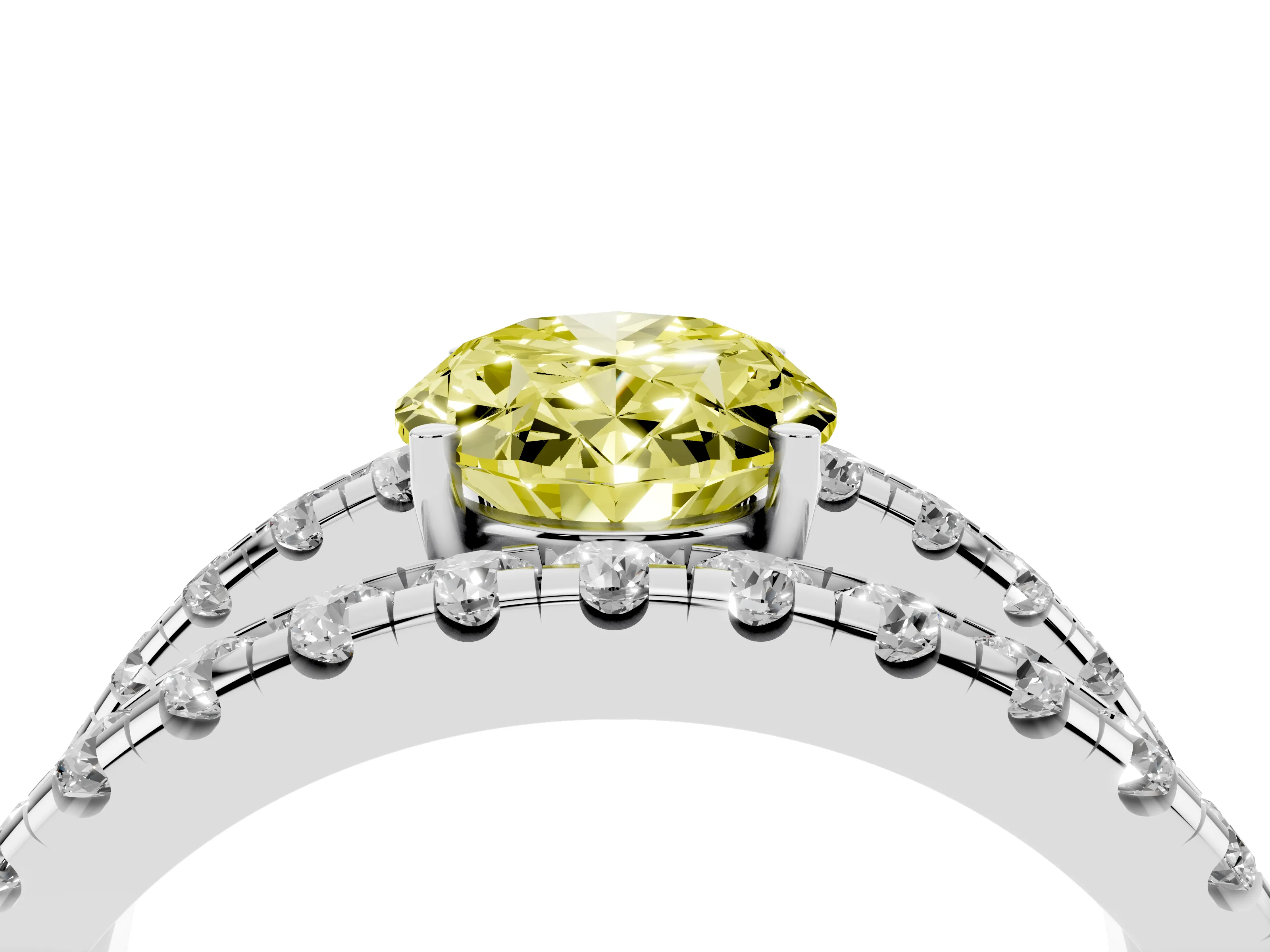 Fancy Yellow Oval Cut Diamond Split Shank Pavé Solitaire Ring Set in Platinum with Open Shank Design