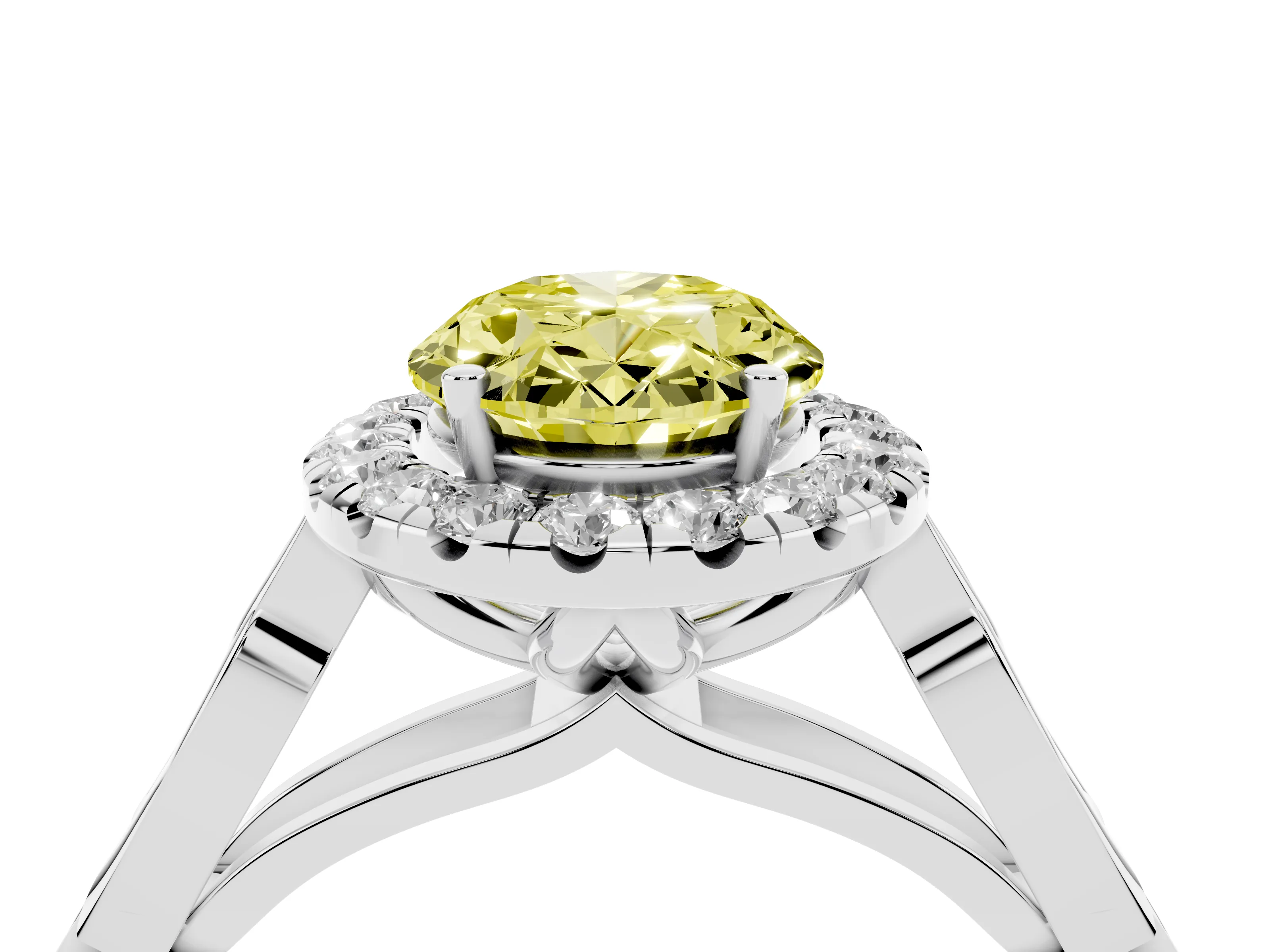 Fancy Yellow Oval Cut Diamond Halo Engagement Ring Set in Platinum with Filigree Band and Prong-Set Center