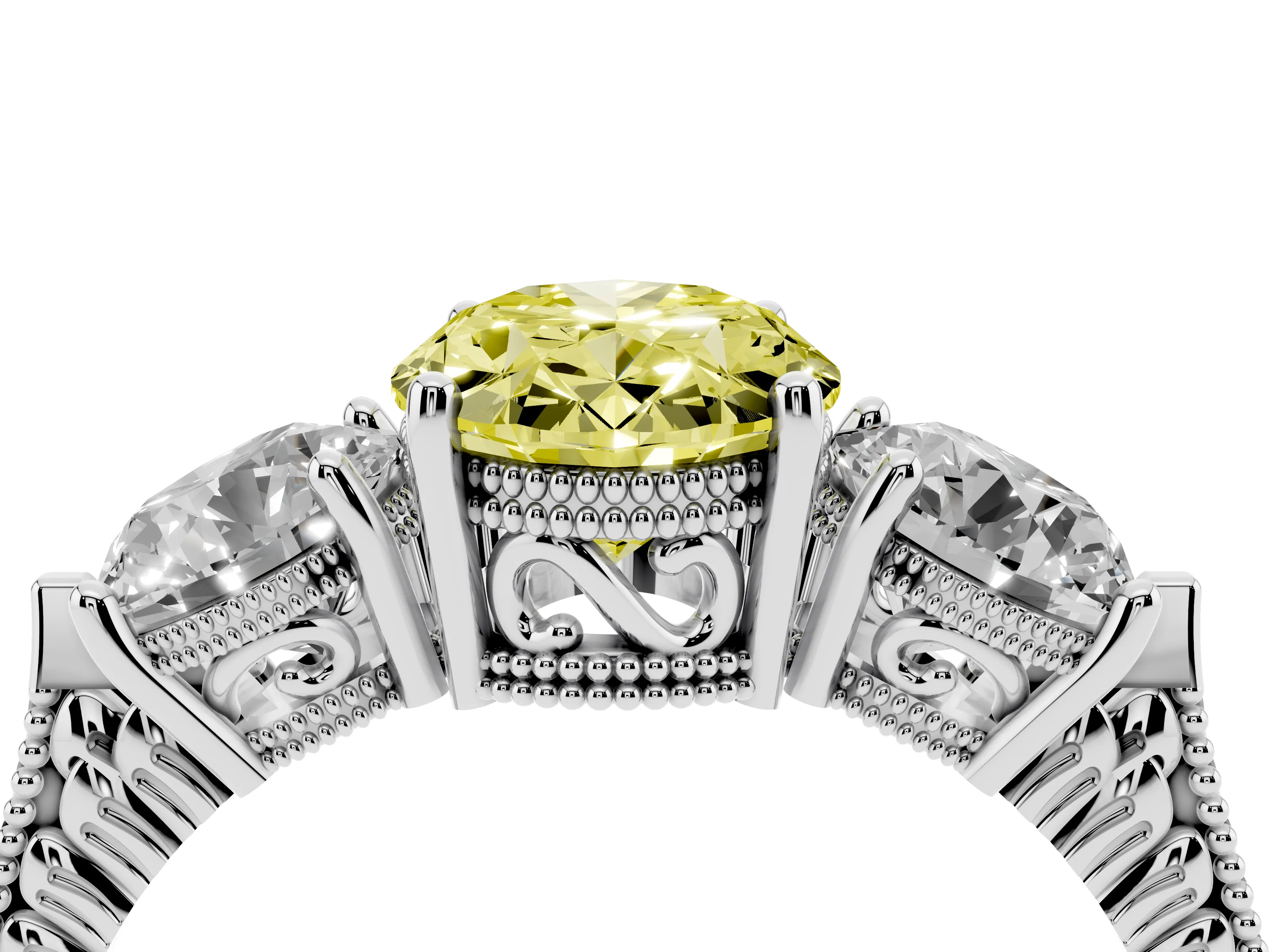 Fancy Yellow Oval Cut Diamond Three-Stone Ring Set in Silver with Milgrain Band