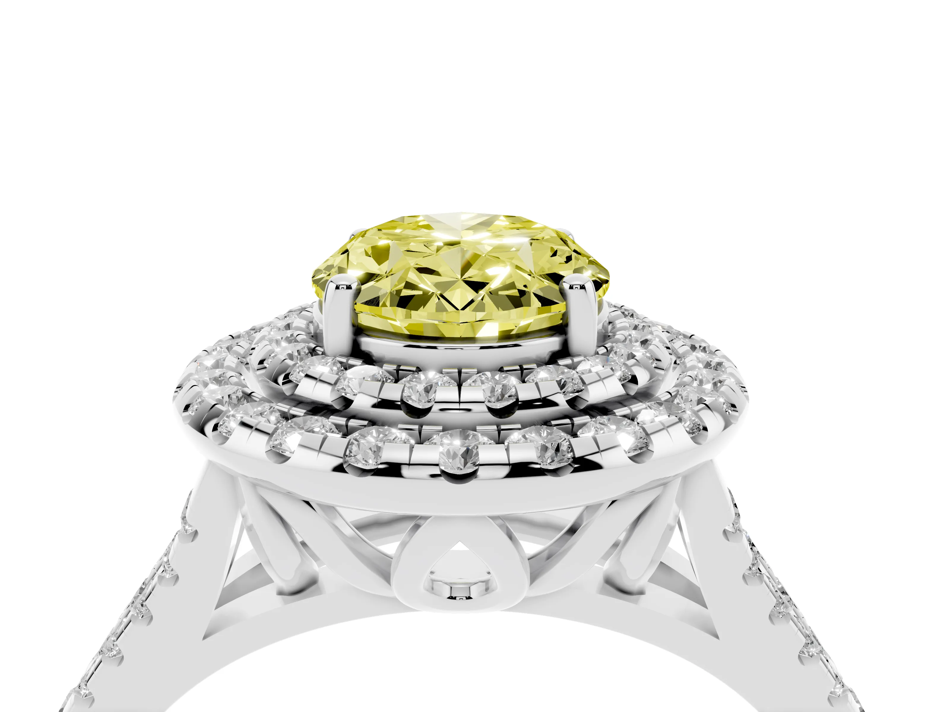 Fancy Yellow Oval Cut Diamond Double Halo Ring Set in White gold with Pavé Split Shank and Prong Setting