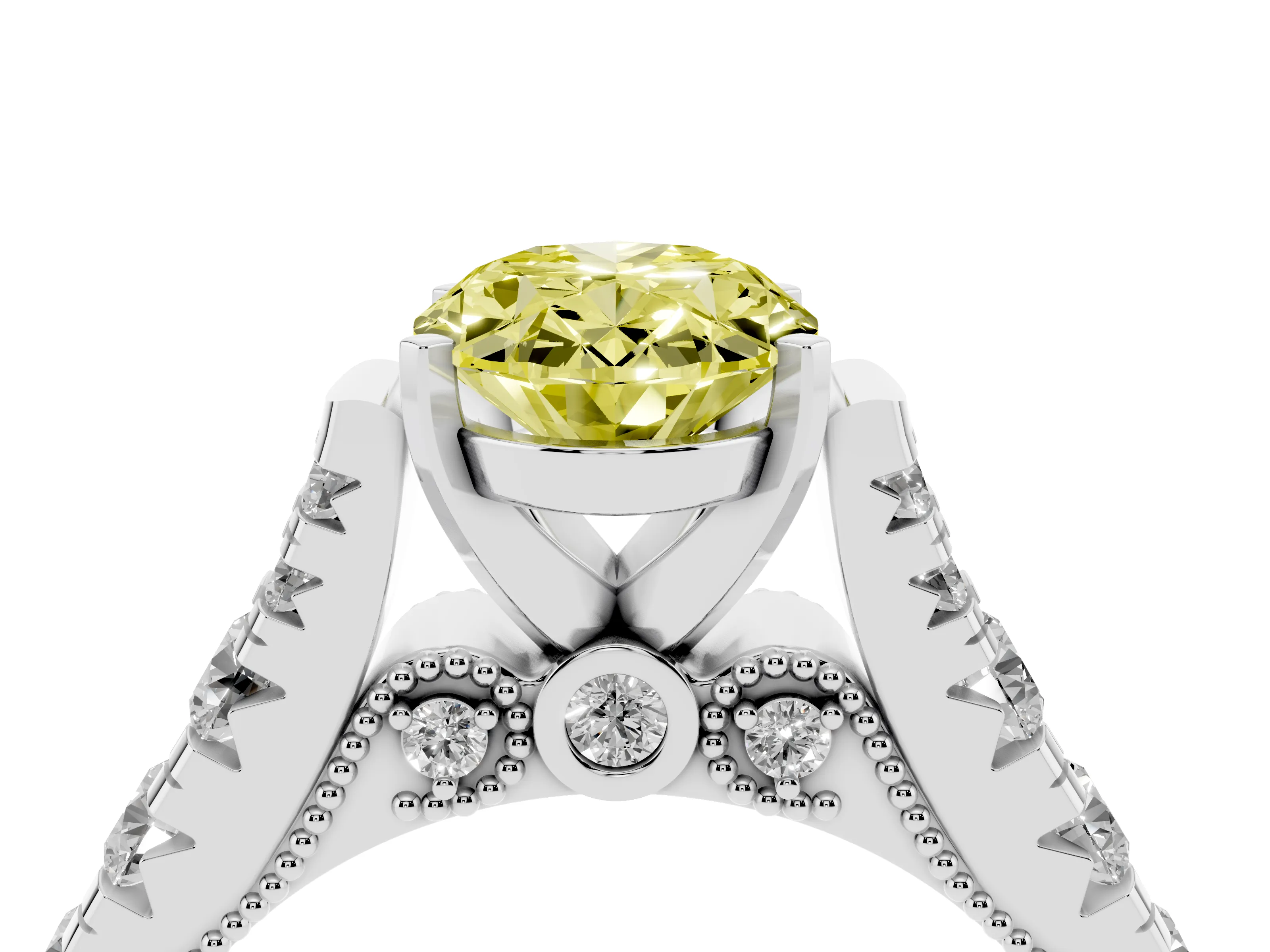Fancy Yellow Oval Cut Diamond Classic Solitaire Ring Set in Platinum with Pavé Band and Prong Setting