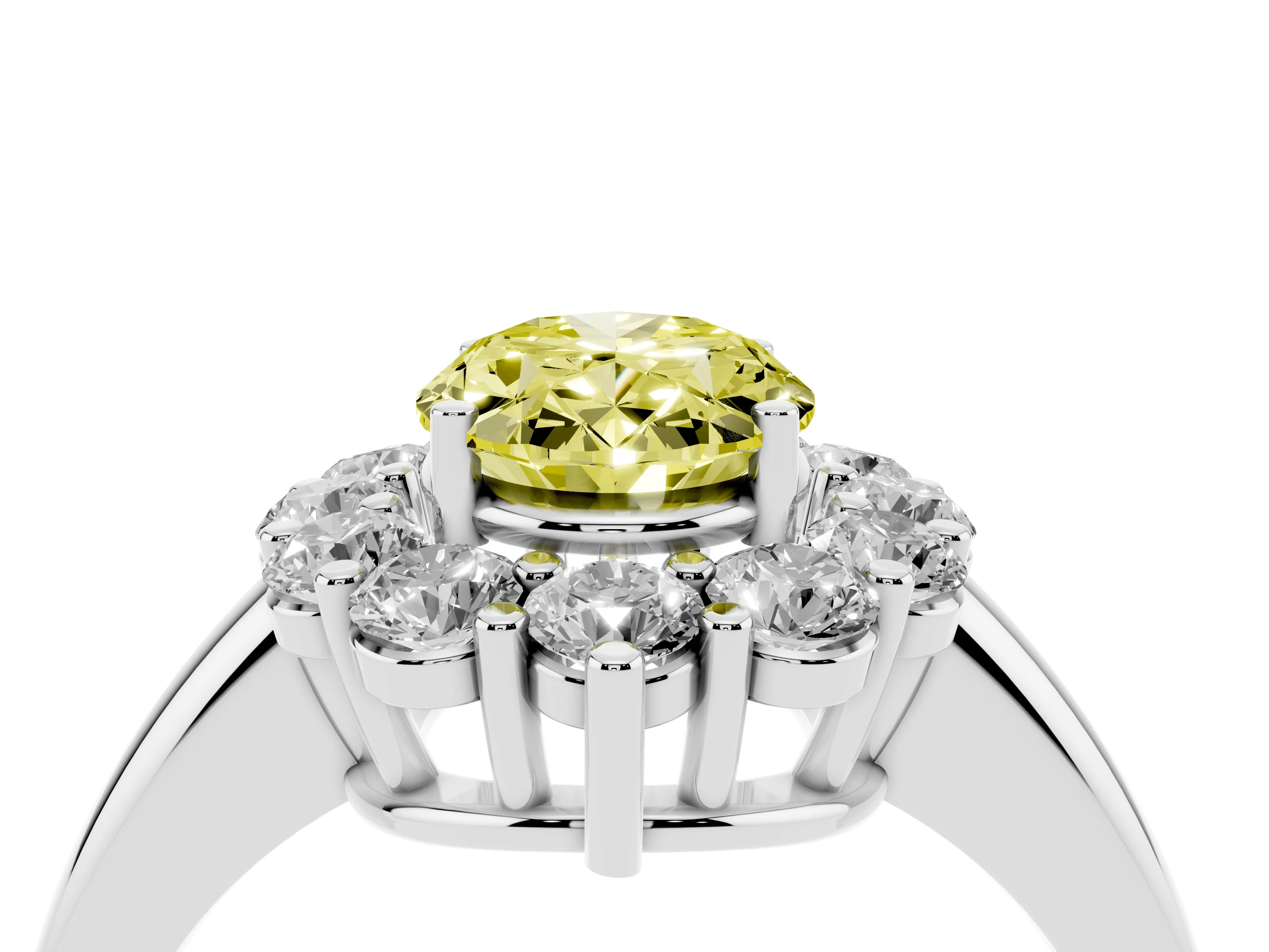 Fancy Yellow Oval Cut Diamond Halo Cluster Engagement Ring Set in Silver with Polished Band and Prong Setting
