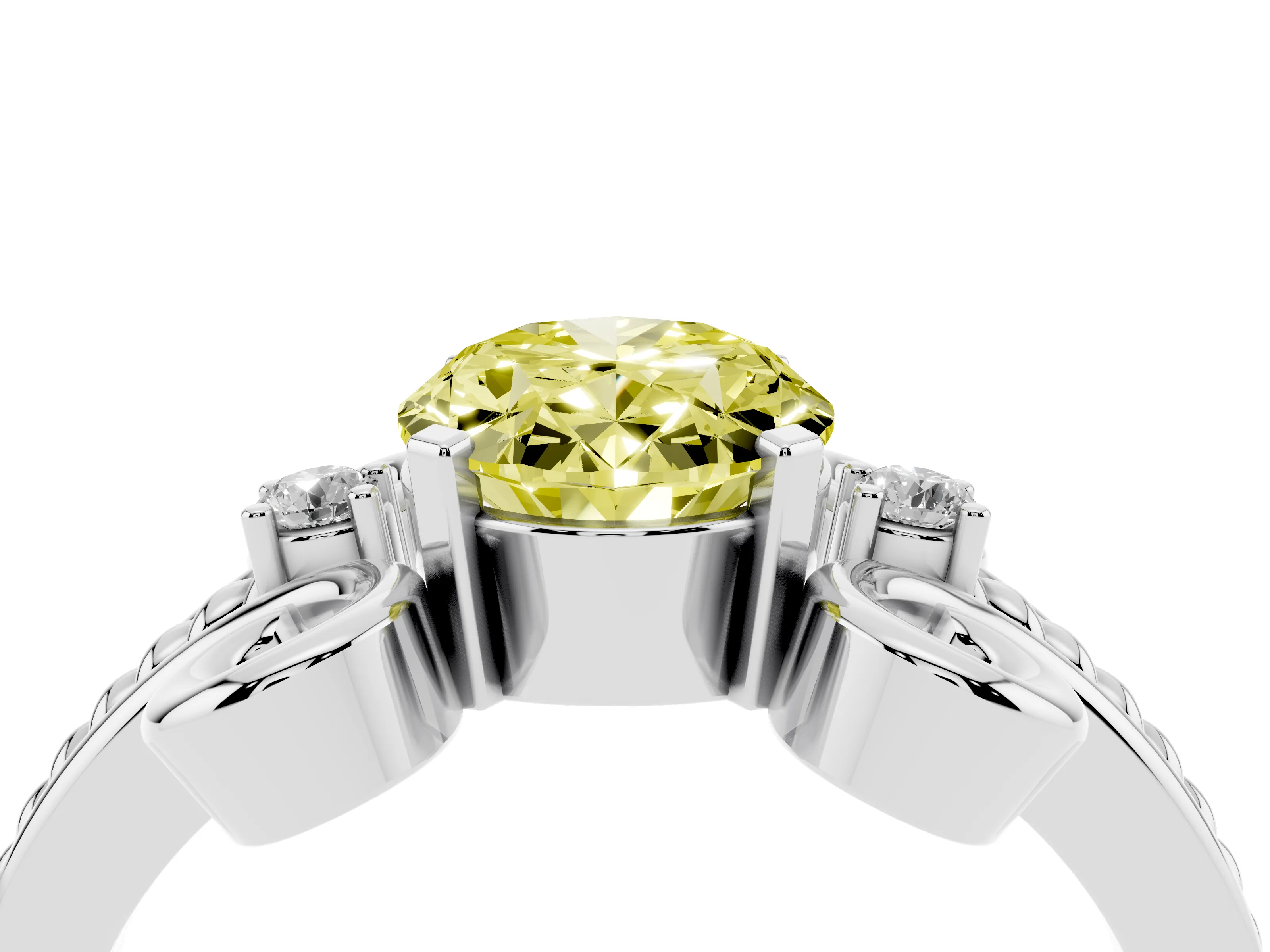 Fancy Yellow Oval Cut Diamond Twisted Band Solitaire Ring Set in Platinum with Scroll Prongs
