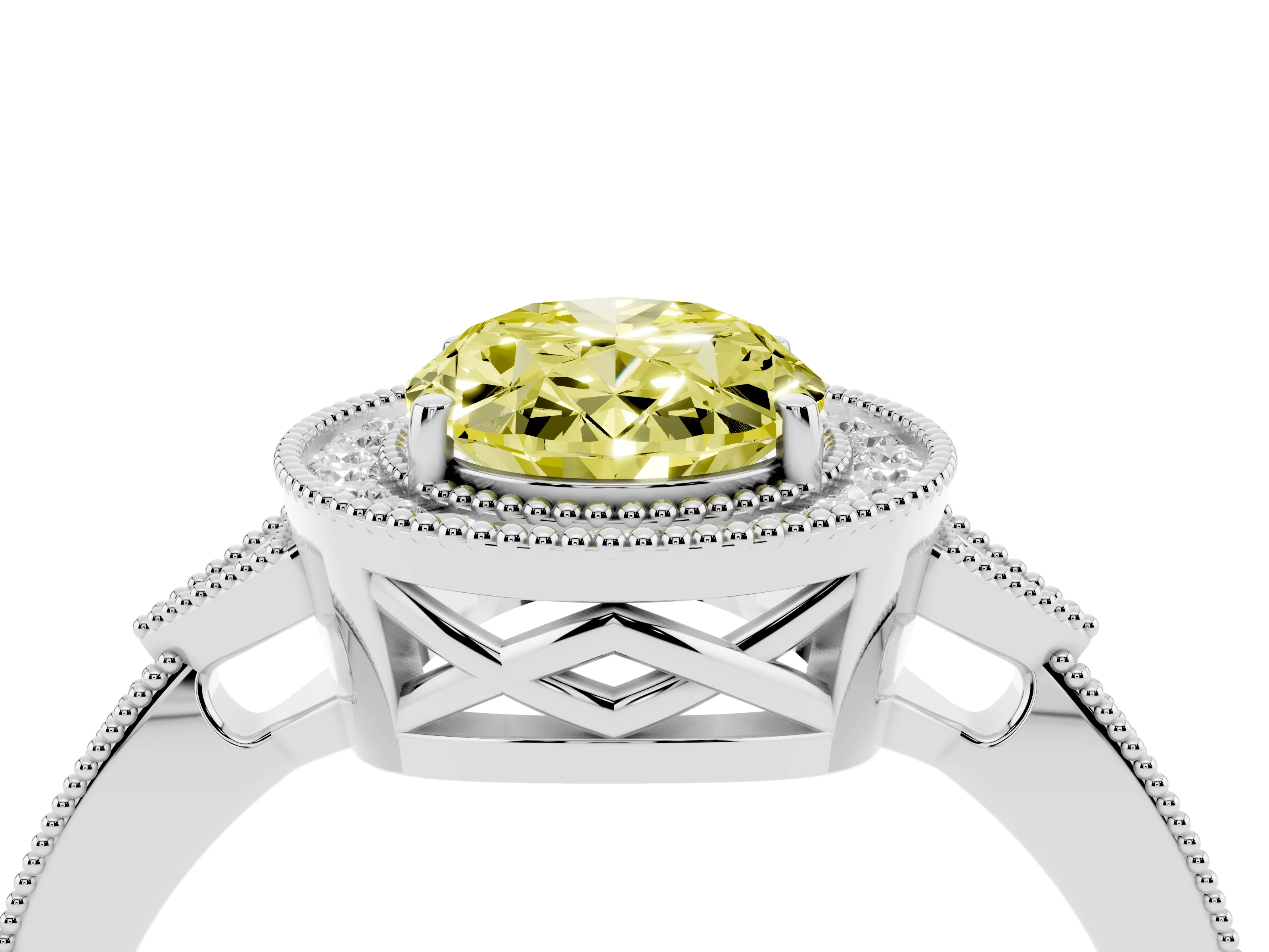 Fancy Yellow Oval Cut Diamond Halo Engagement Ring Set in Silver with Milgrain Pavé Band