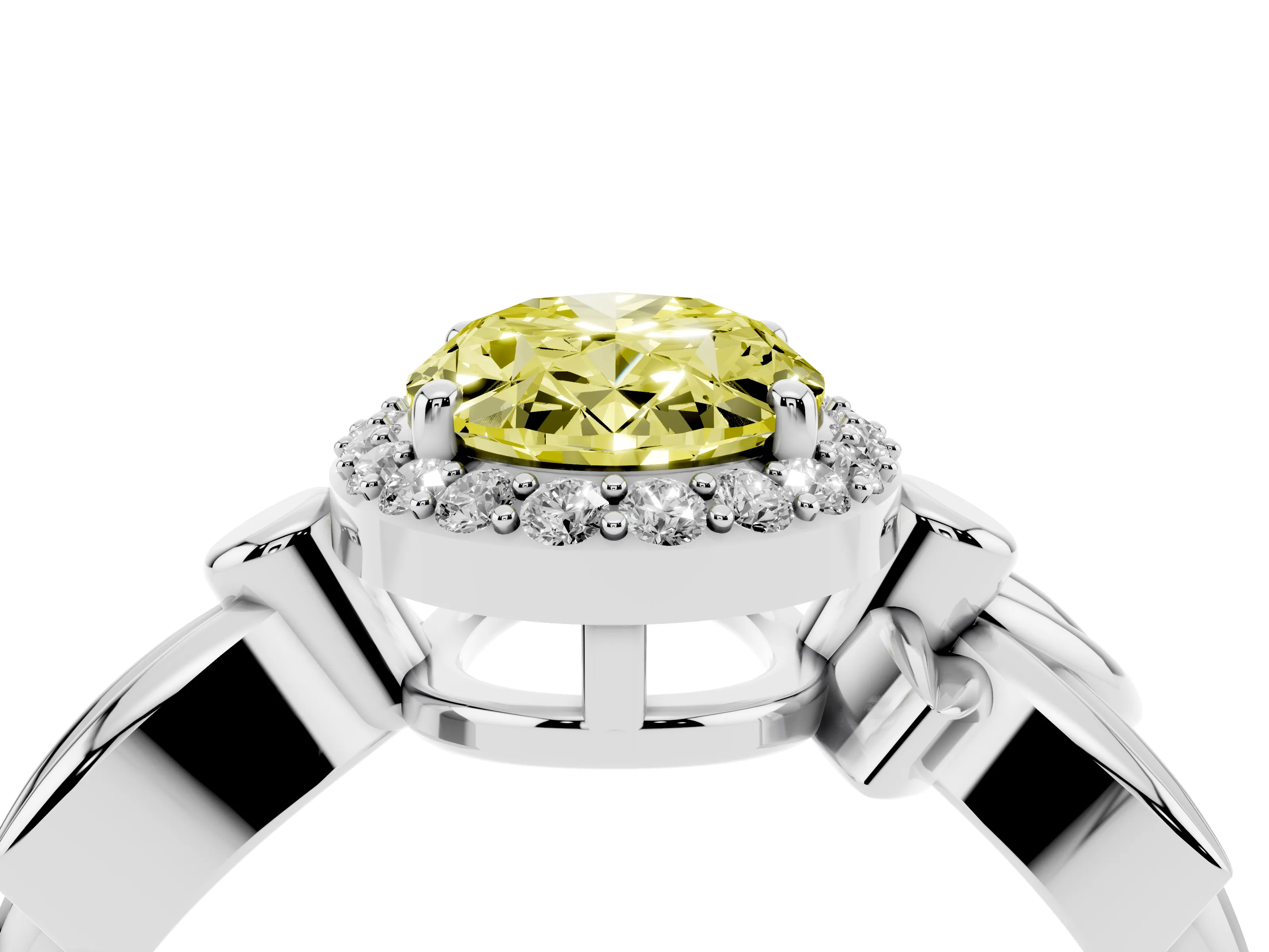 Fancy Yellow Oval Cut Diamond Halo Floral Band Ring Set in Silver with Prong Setting