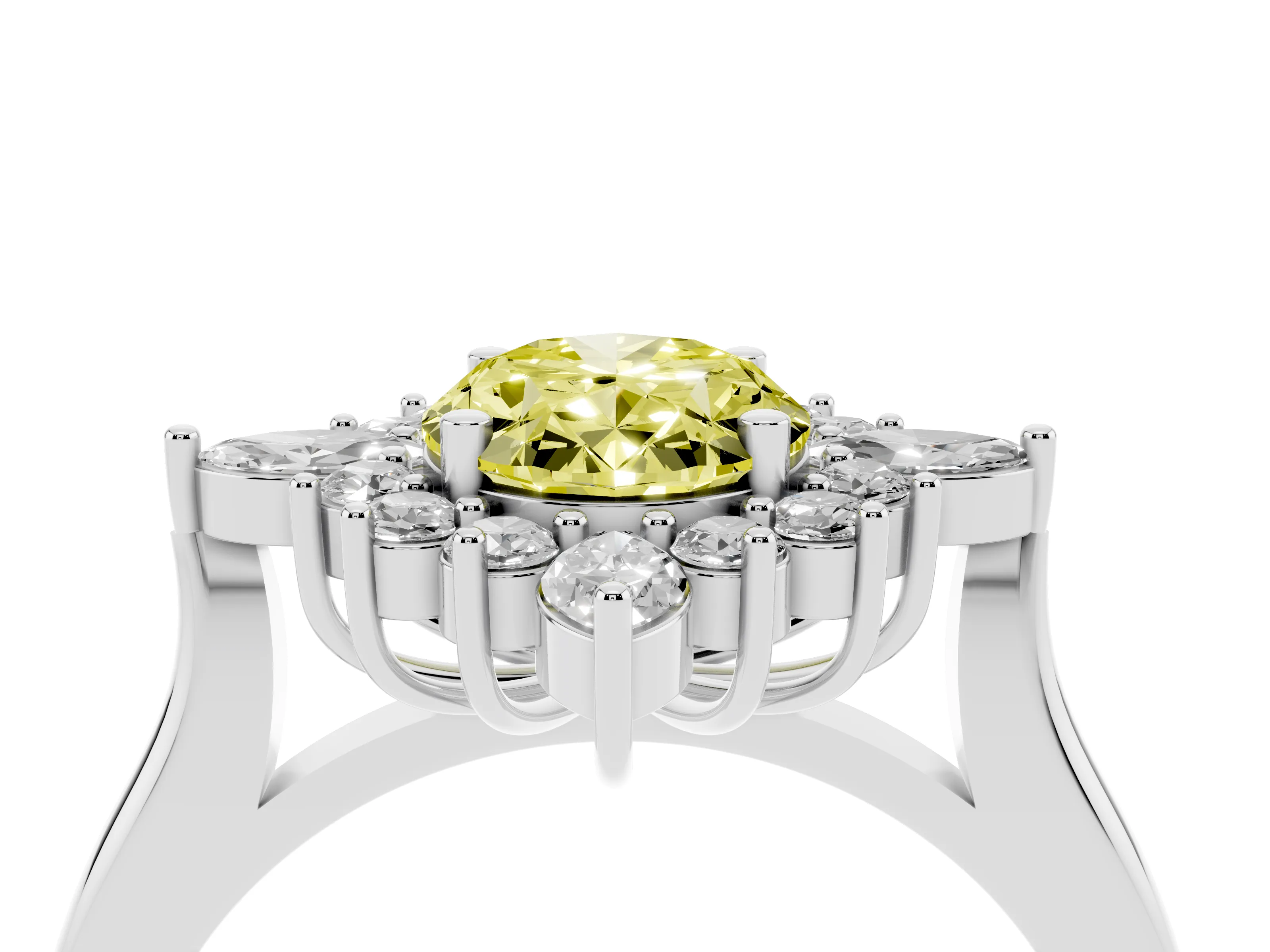 Fancy Yellow Oval Cut Diamond Cluster Halo Ring Set in White gold with Marquise and Round Accents