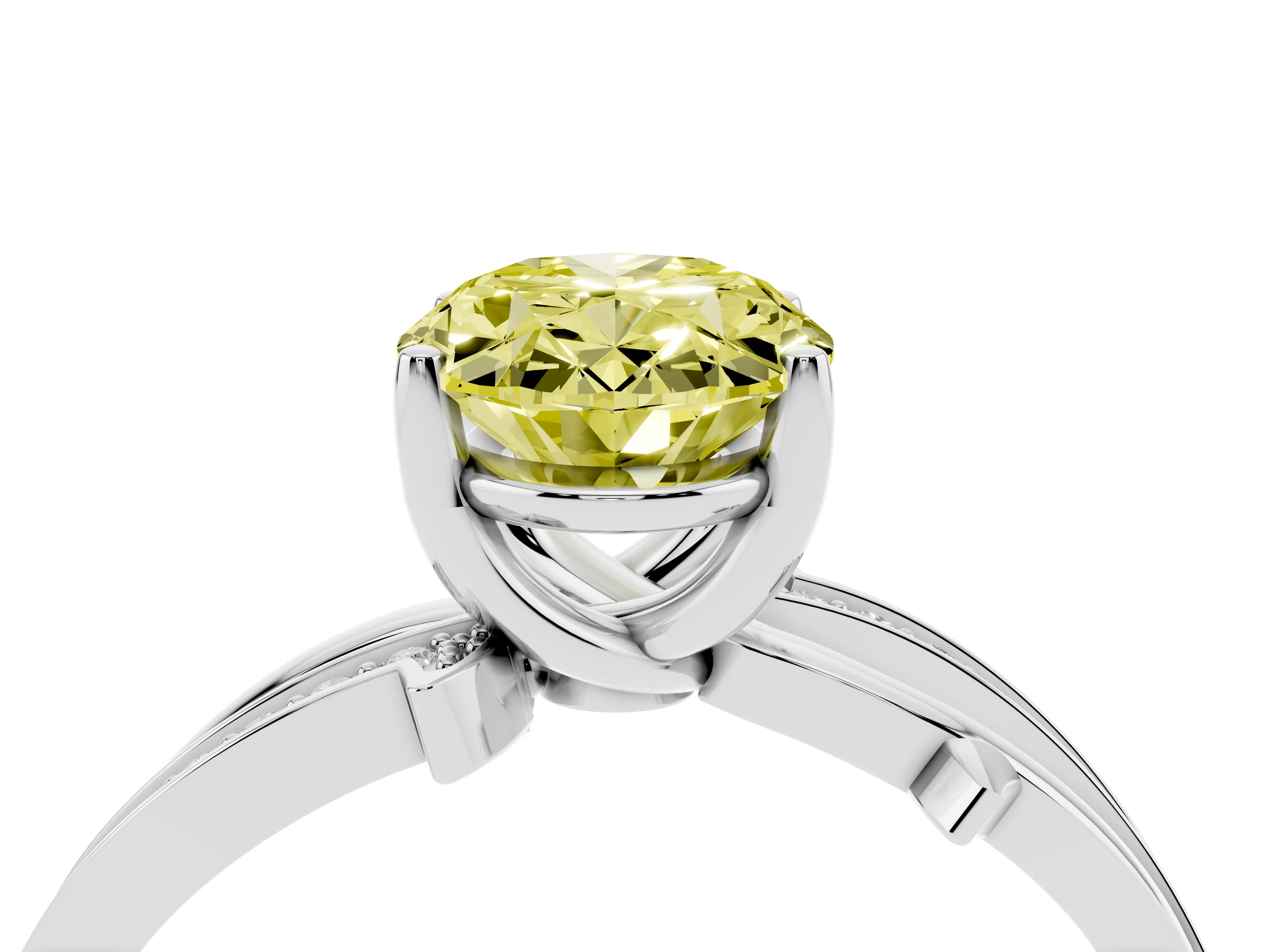 Fancy Yellow Oval Cut Diamond Pavé Twist Band Solitaire Ring Set in Platinum with Prong Setting