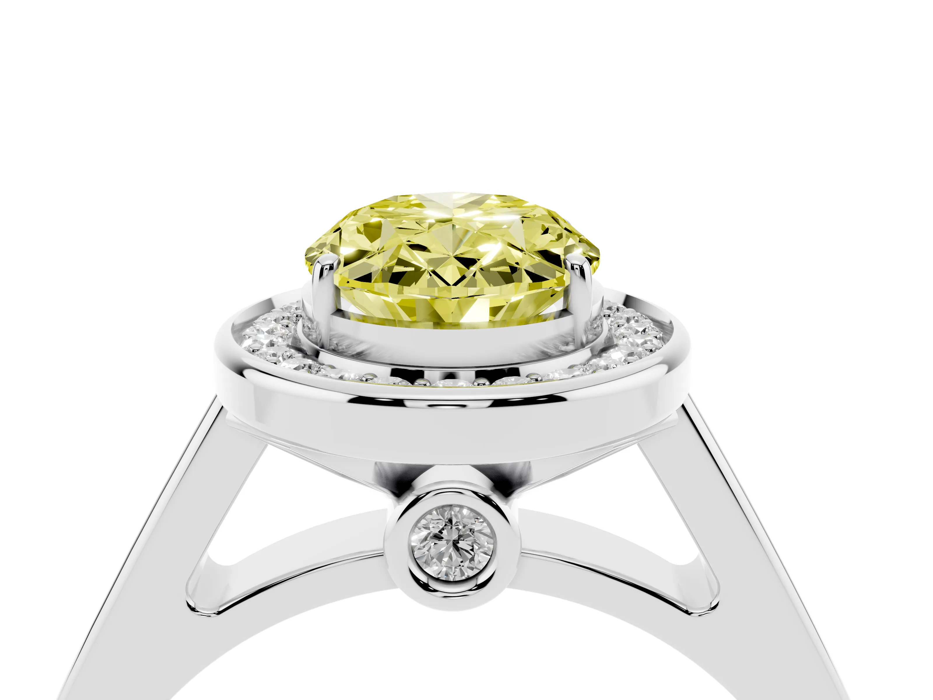 Fancy Yellow Oval Cut Diamond Halo Solitaire Ring Set in Platinum with Pavé Band and Bezel Setting