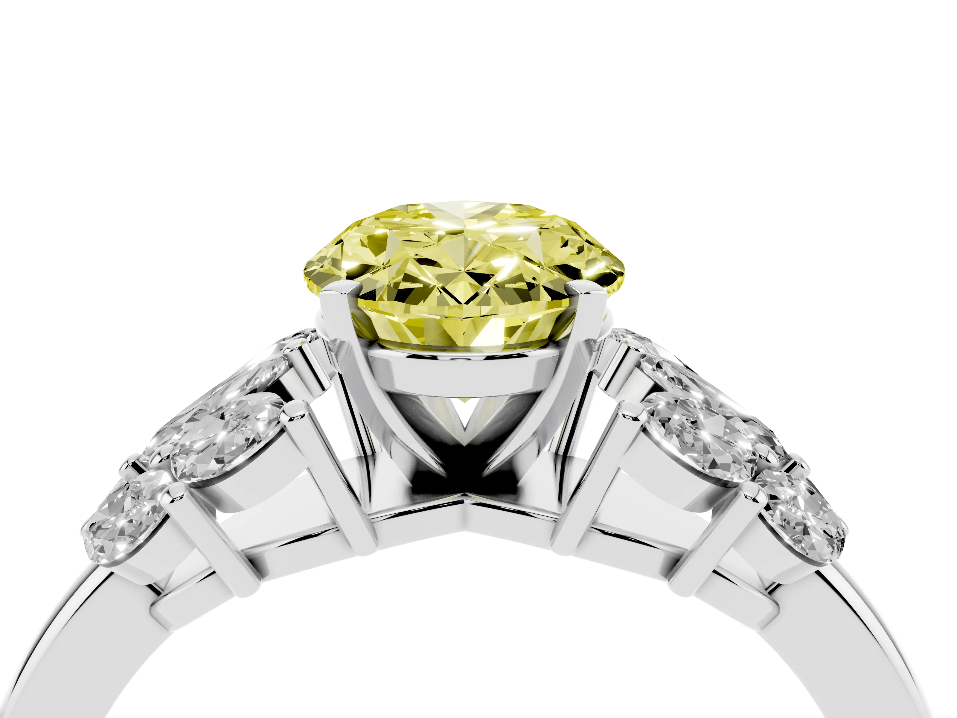 Fancy Yellow Oval Cut Diamond Cluster Leaf Design Ring Set in White gold with Prong Setting