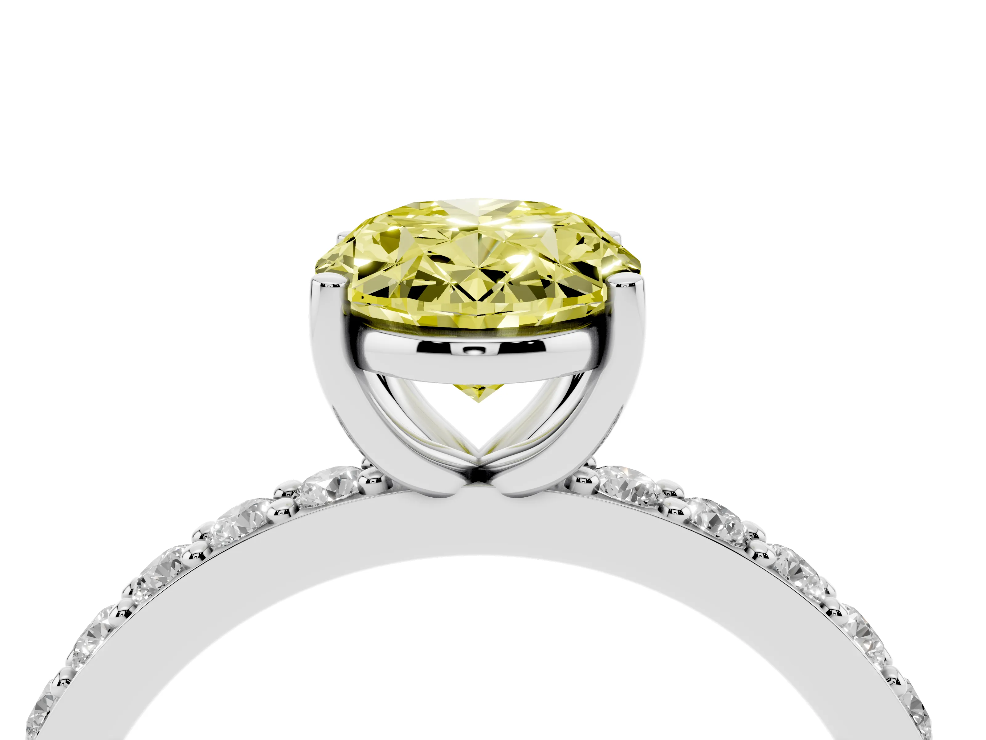 Fancy Yellow Oval Cut Diamond Solitaire Set in Platinum with Round Pavé Band and Prong Setting