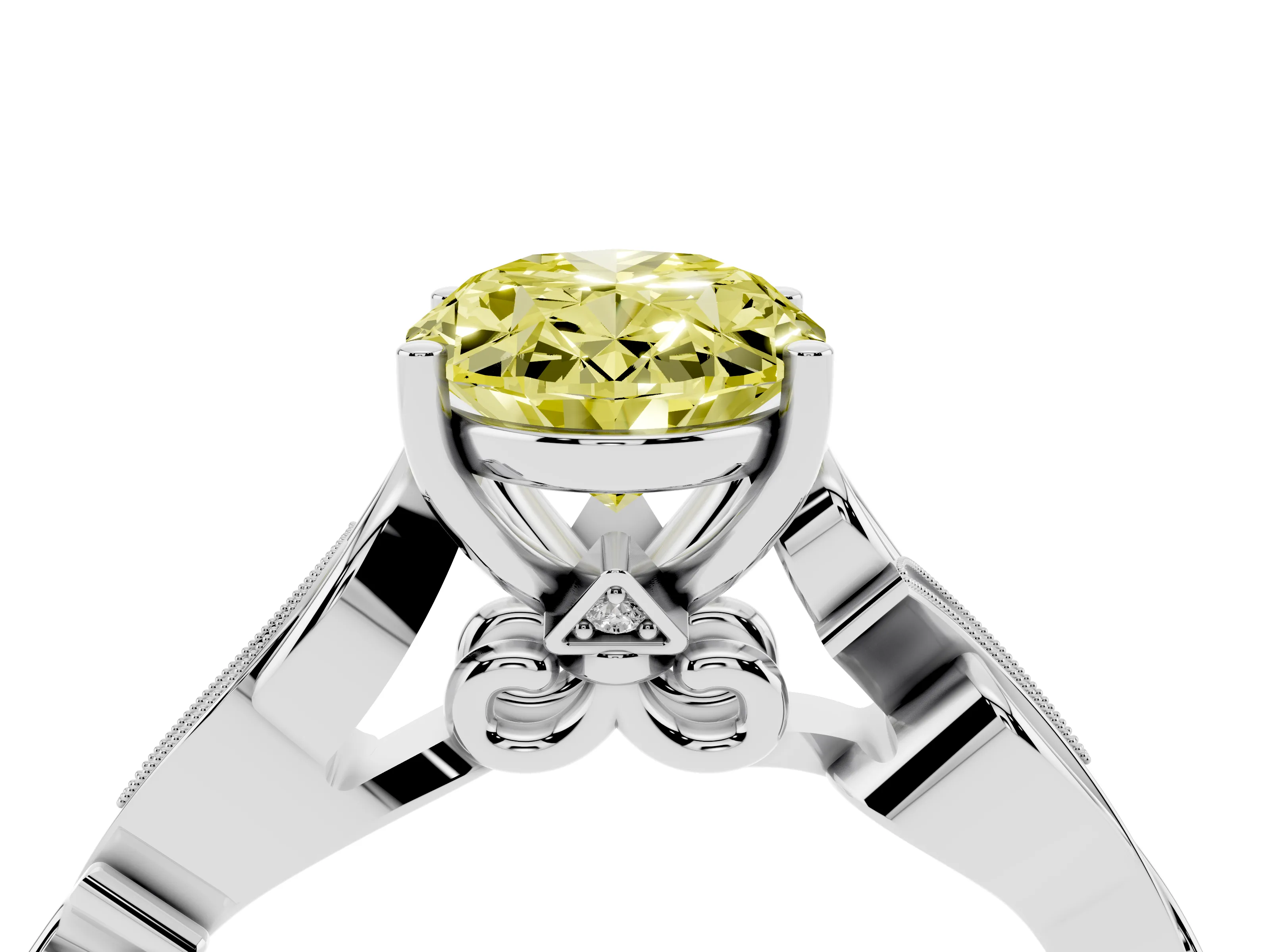 Fancy Yellow Oval Cut Diamond Vine Band Solitaire Ring Set in White gold with Milgrain Prong Setting