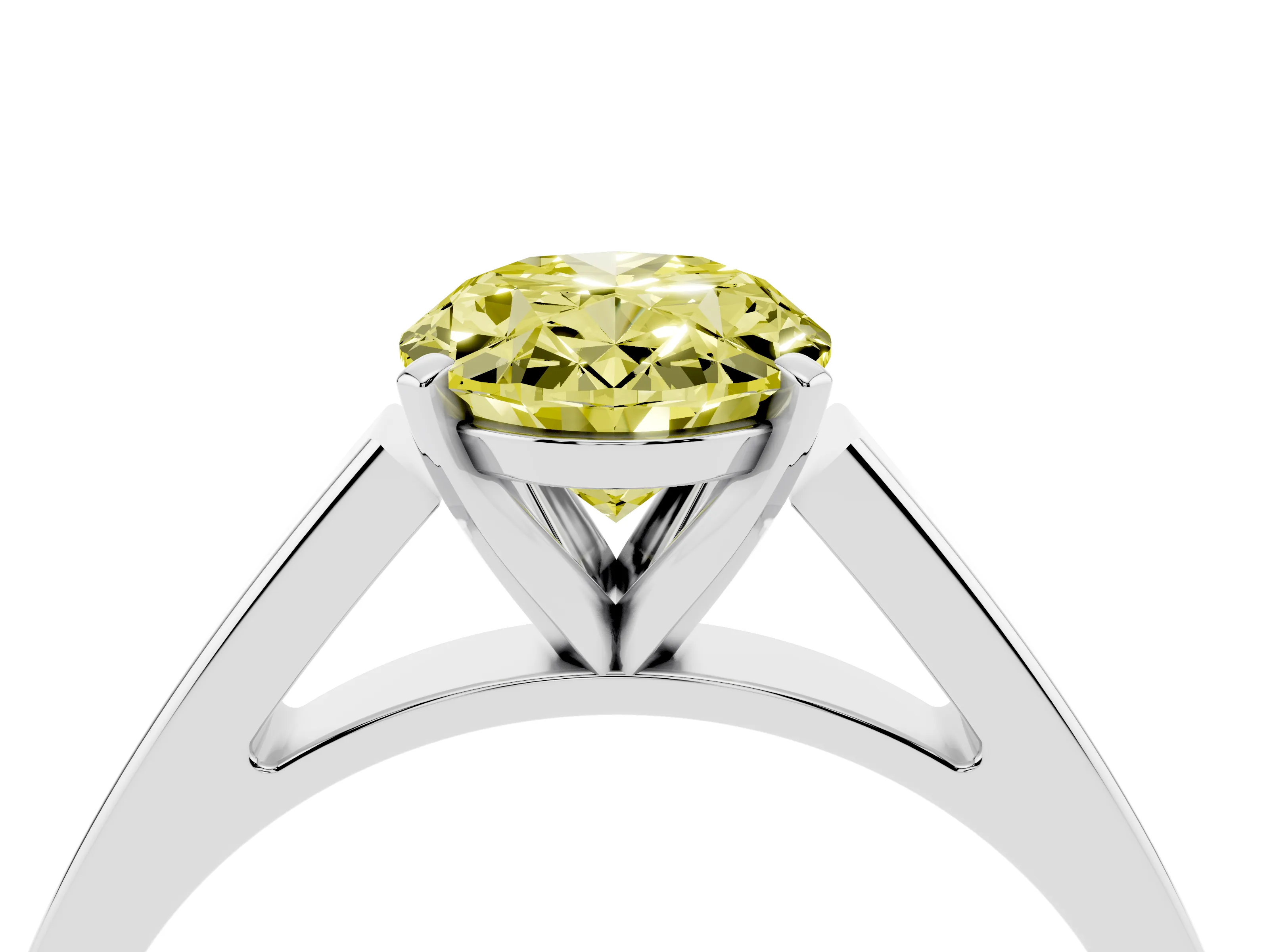 Fancy Yellow Oval Cut Diamond Solitaire Engagement Ring Set in White gold with Prong Setting and Tapered Band