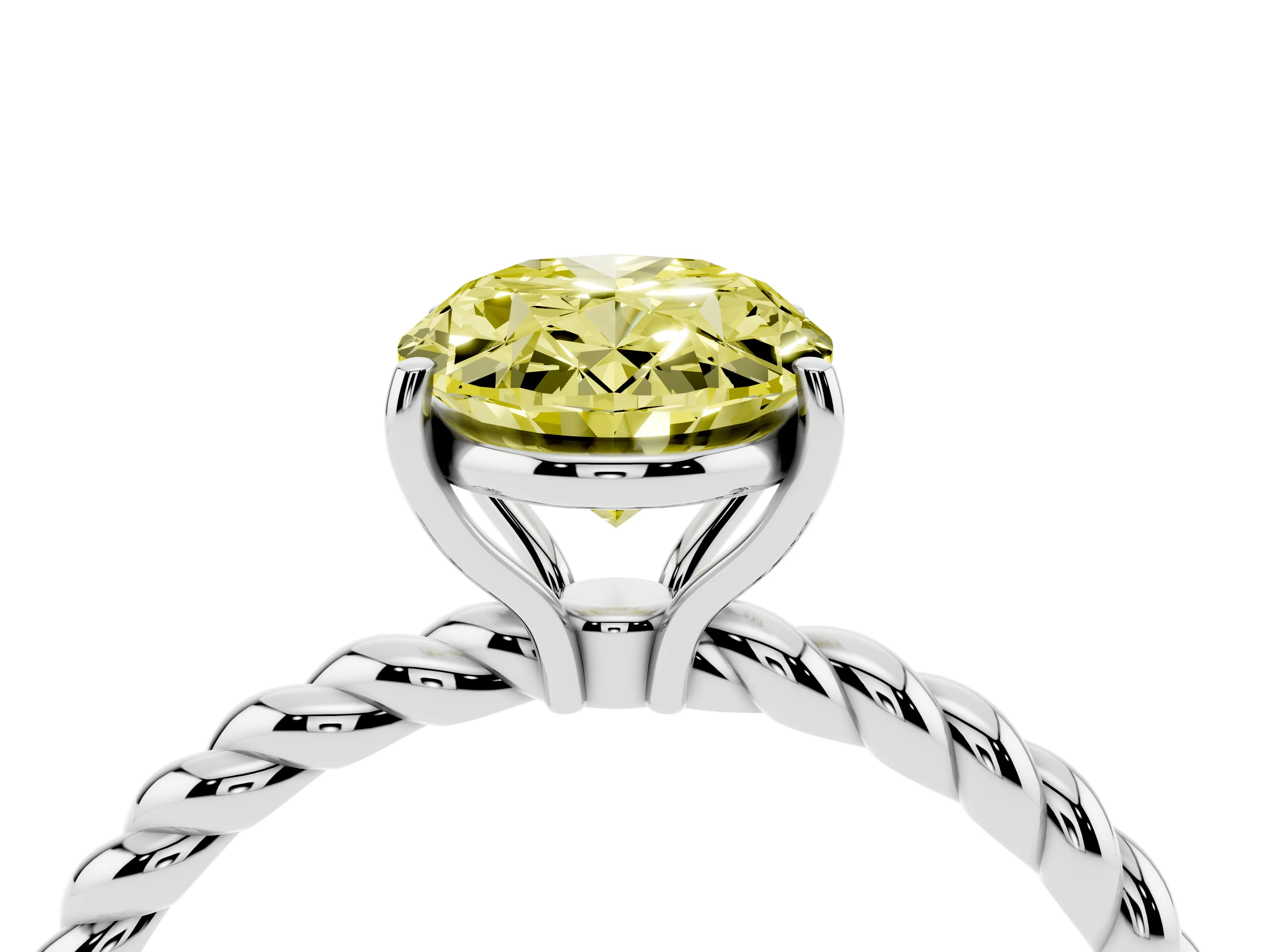 Fancy Yellow Oval Cut Diamond Solitaire Twisted Band Ring Set in Silver with Prong Solitaire Setting