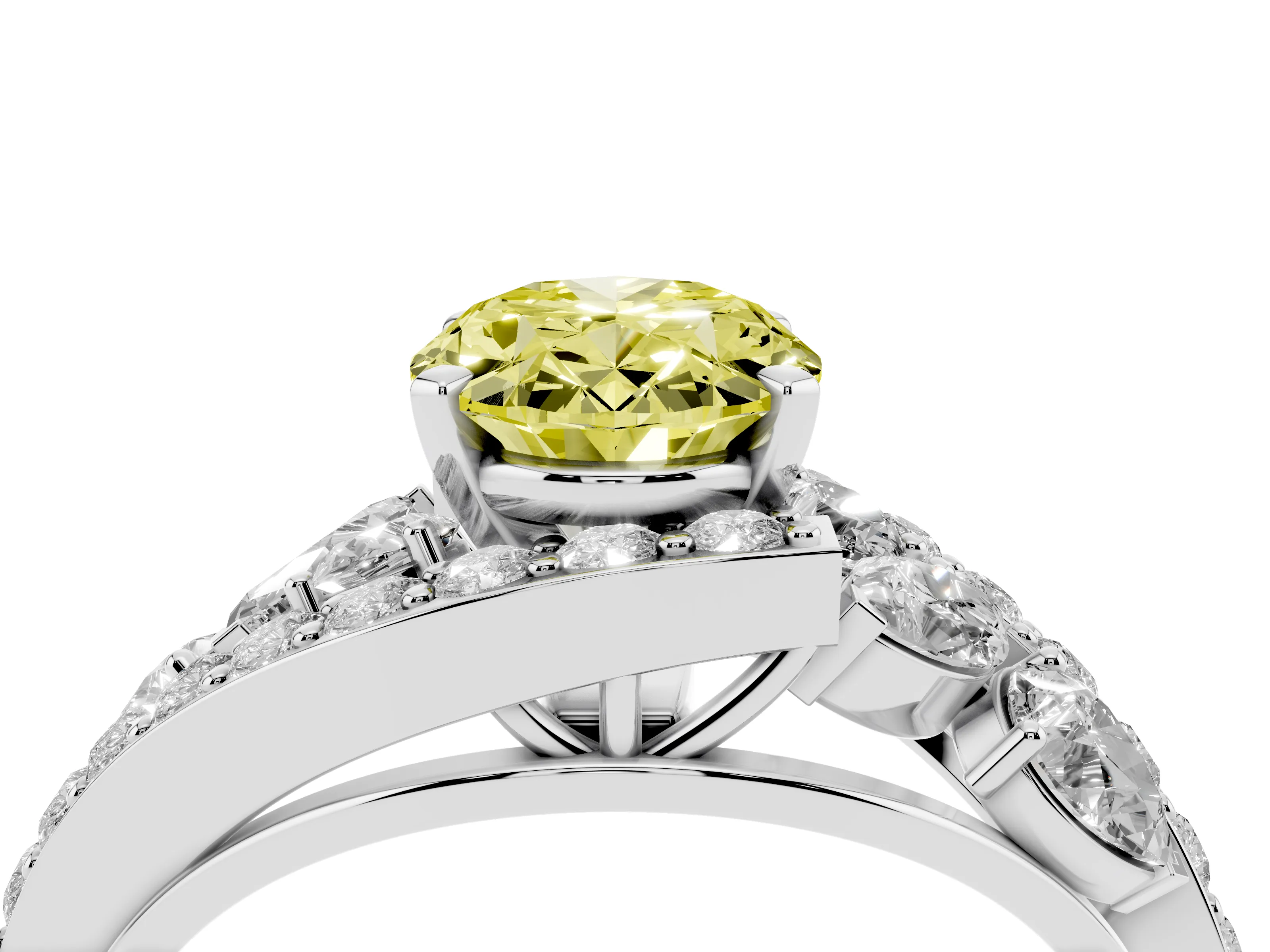 Fancy Yellow Oval Cut Diamond Halo Ring Set in Platinum with Marquise and Pavé Band in Prong Setting