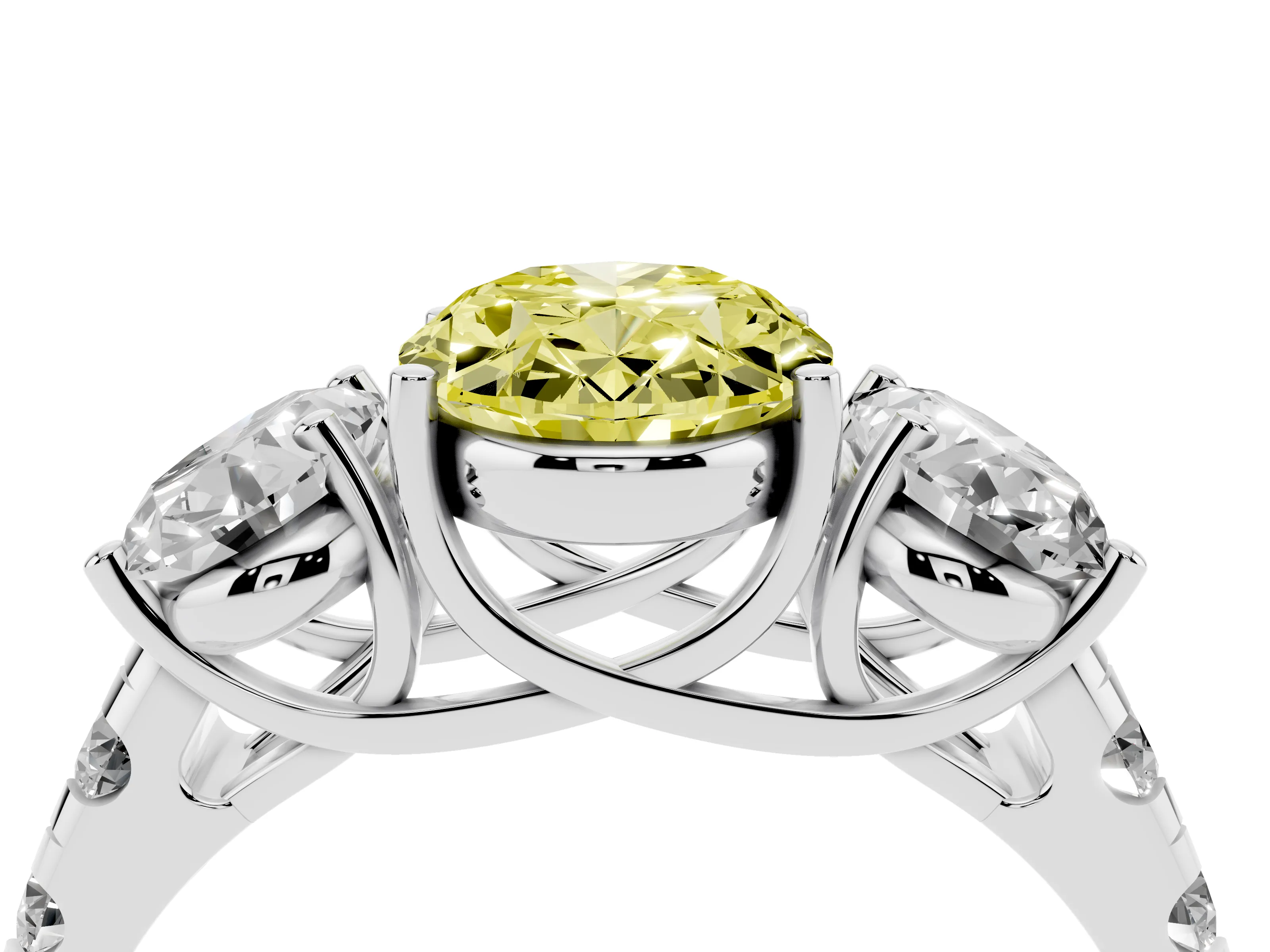 Fancy Yellow Oval Cut Diamond Three-Stone Ring Set in Silver with Pavé Band