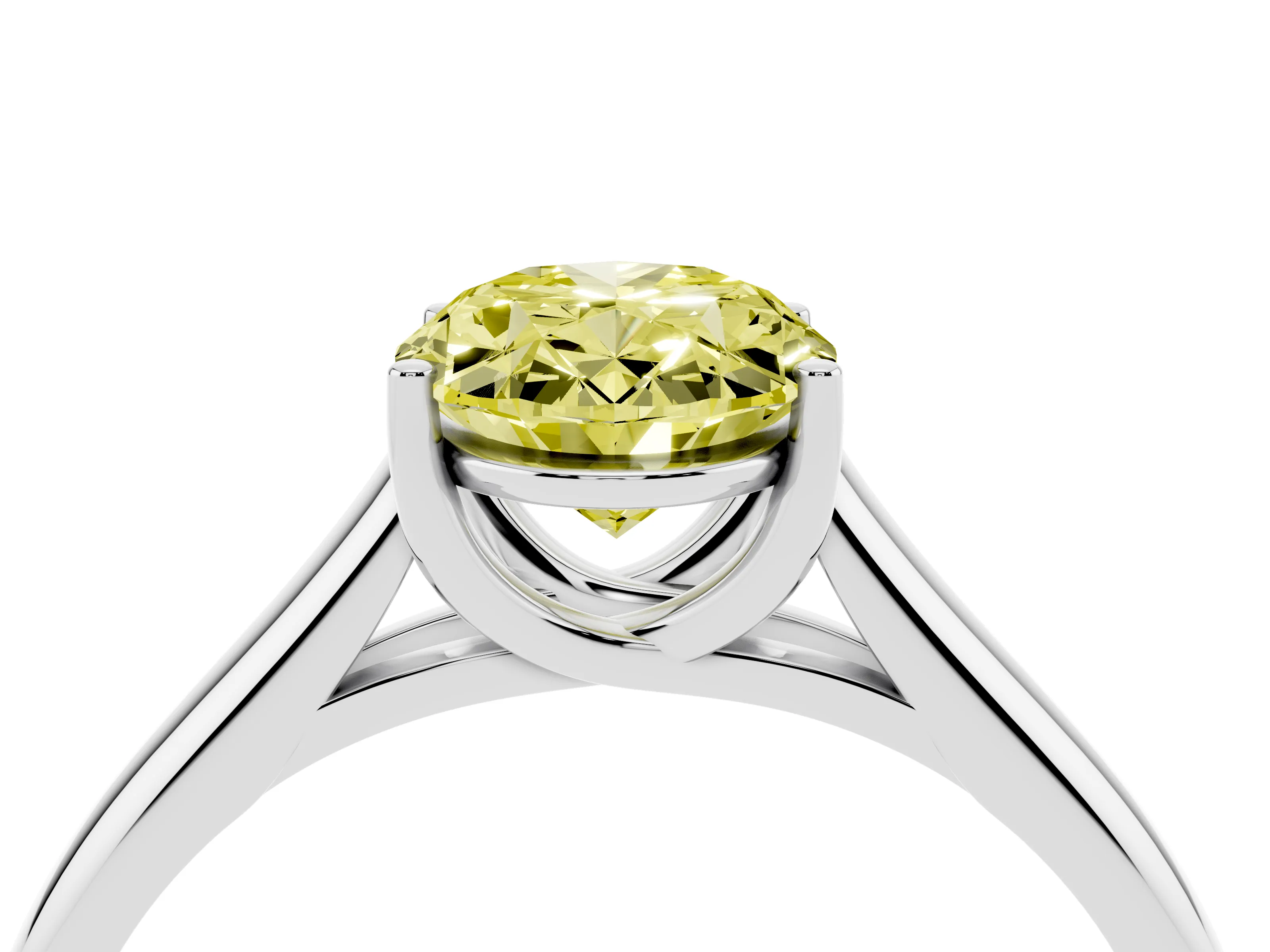 Fancy Yellow Oval Cut Diamond Solitaire Engagement Ring Set in White gold with Subtly Tapered Band and Prong Setting