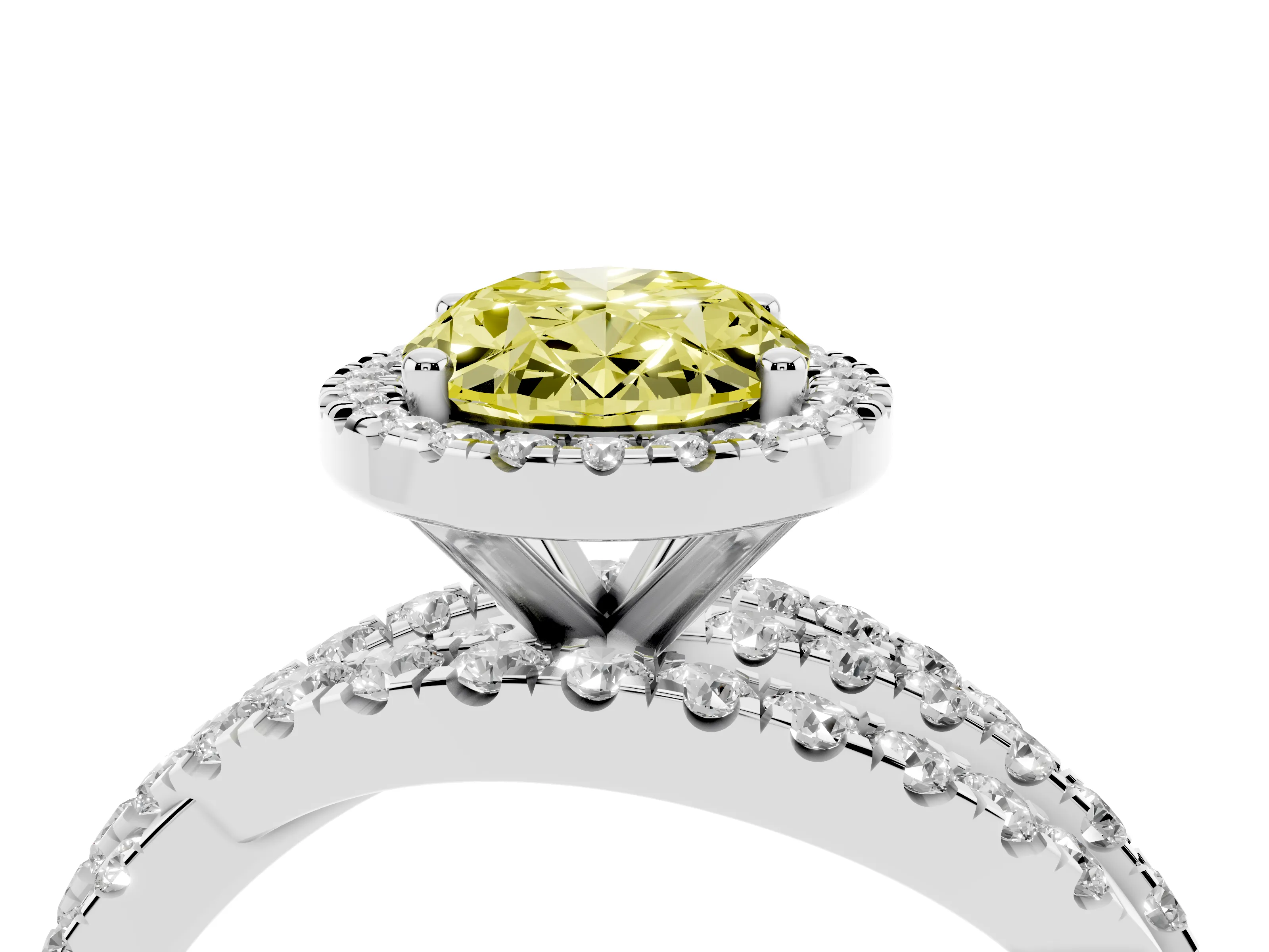 Fancy Yellow Oval Cut Diamond Halo Ring Set in Silver with Round Crossover Split Shank and Prong Setting